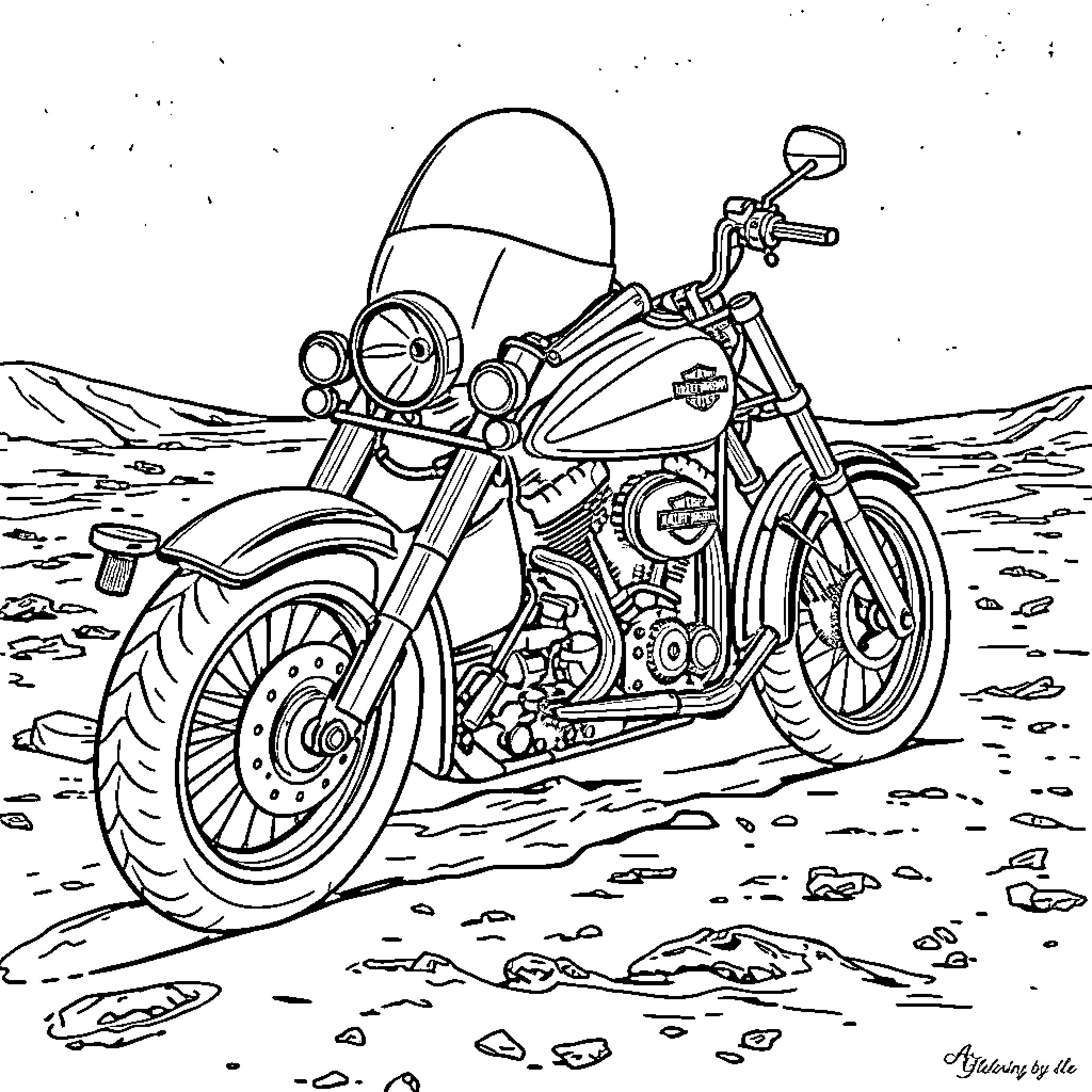 Harley Davidson motorcycle adventure in the desert Coloring Page (free black-and-white line drawing printable PDF for all, from beginners to advanced learners, including children, teens, adults, and seniors)