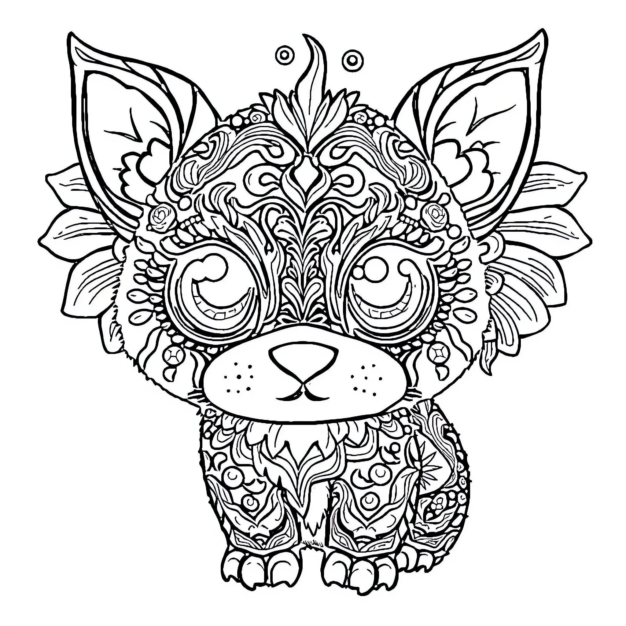 Animal with intricate floral patterns and large eyes Coloring Page (free black-and-white line drawing printable PDF for all, from beginners to advanced learners, including children, teens, adults, and seniors)