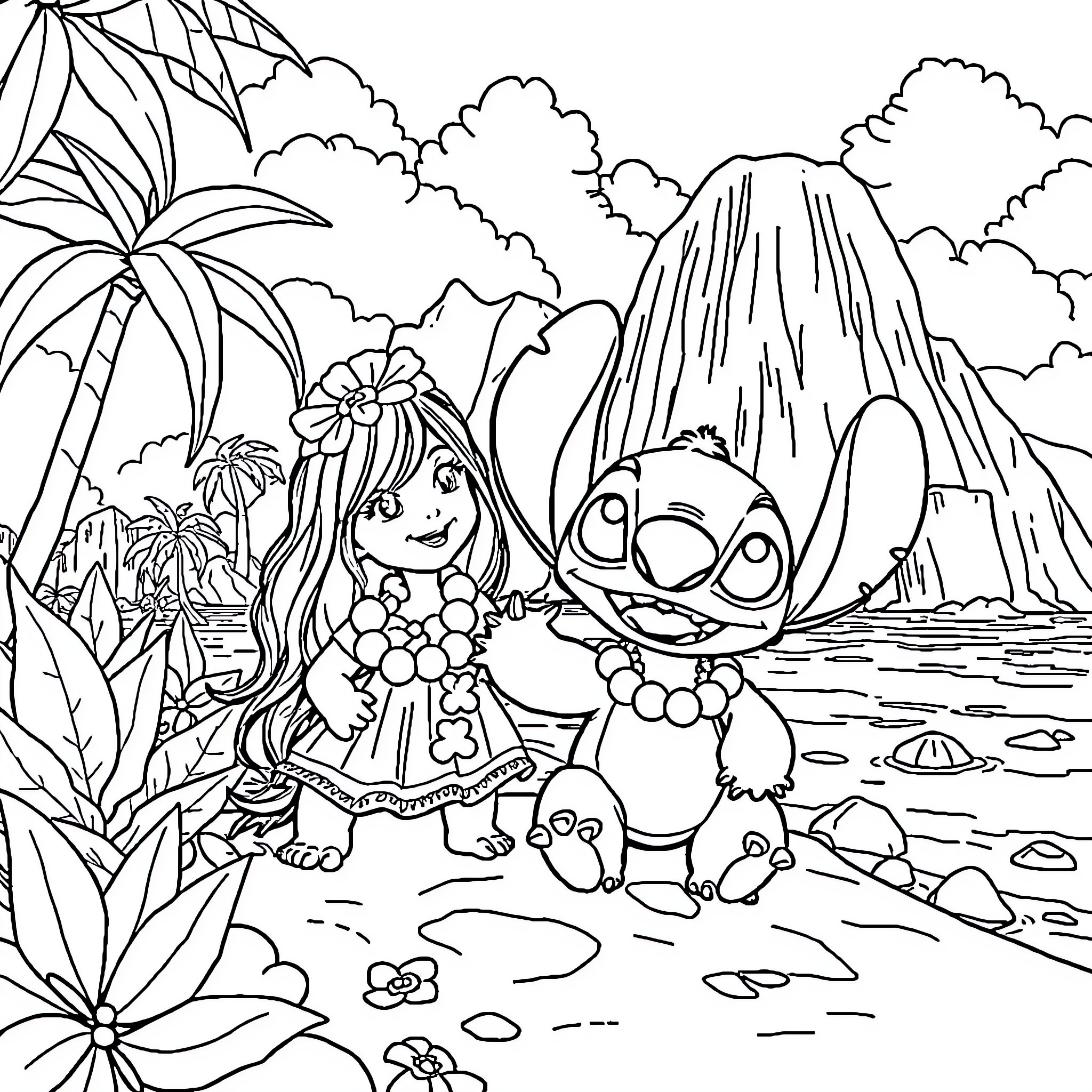 Lilo and Stitch explore the tropical landscape Coloring Page (free black-and-white line drawing printable PDF for all, from beginners to advanced learners, including children, teens, adults, and seniors)