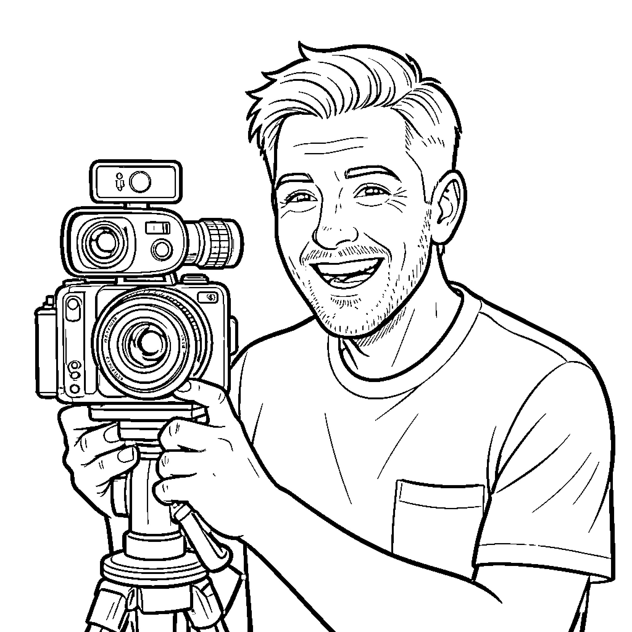 Ryan Trahan smiling while holding a professional camera Coloring Page (free black-and-white line drawing printable PDF for all, from beginners to advanced learners, including children, teens, adults, and seniors)