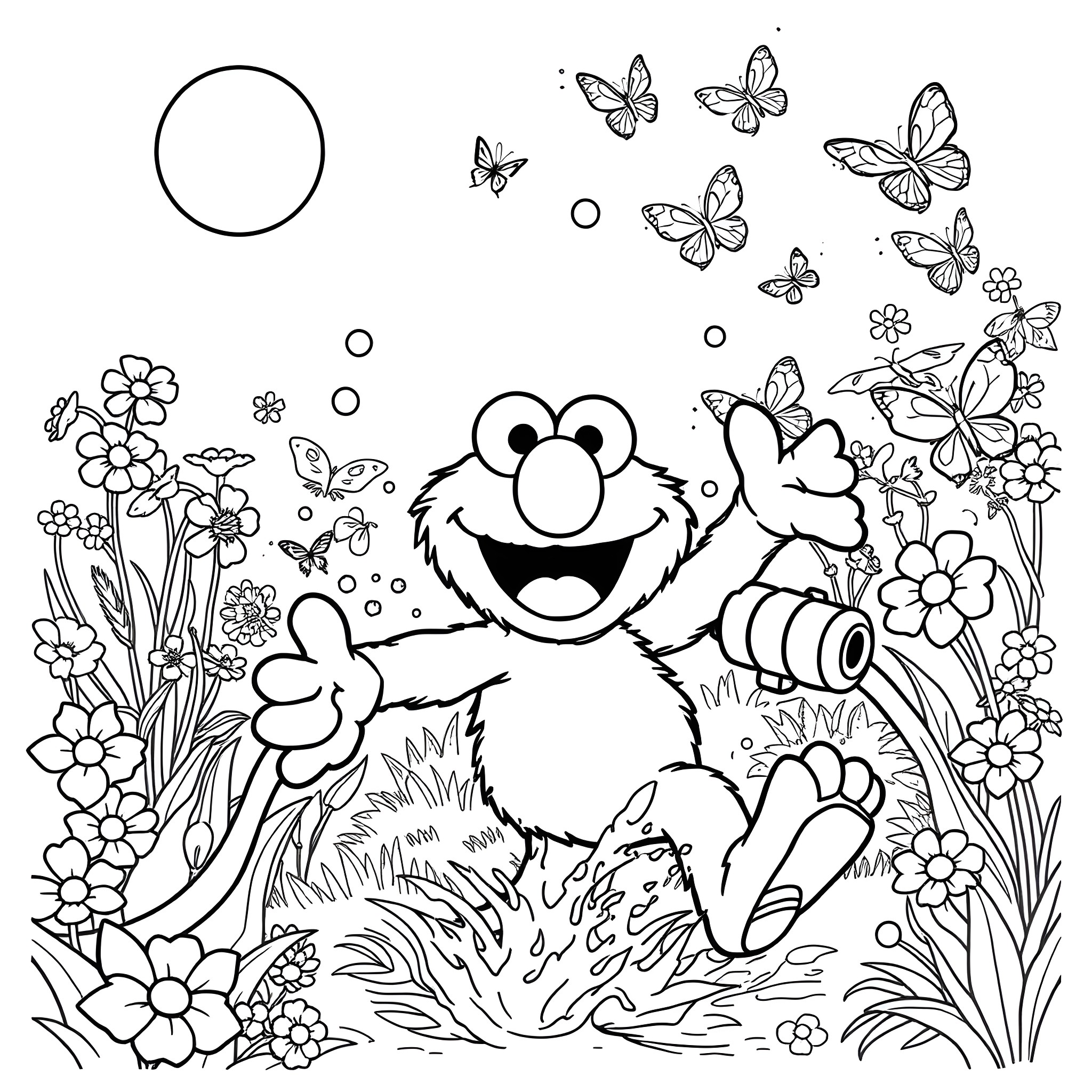 Elmo playfully frolicking among butterflies and flowers Coloring Page (free black-and-white line drawing printable PDF for all, from beginners to advanced learners, including children, teens, adults, and seniors)