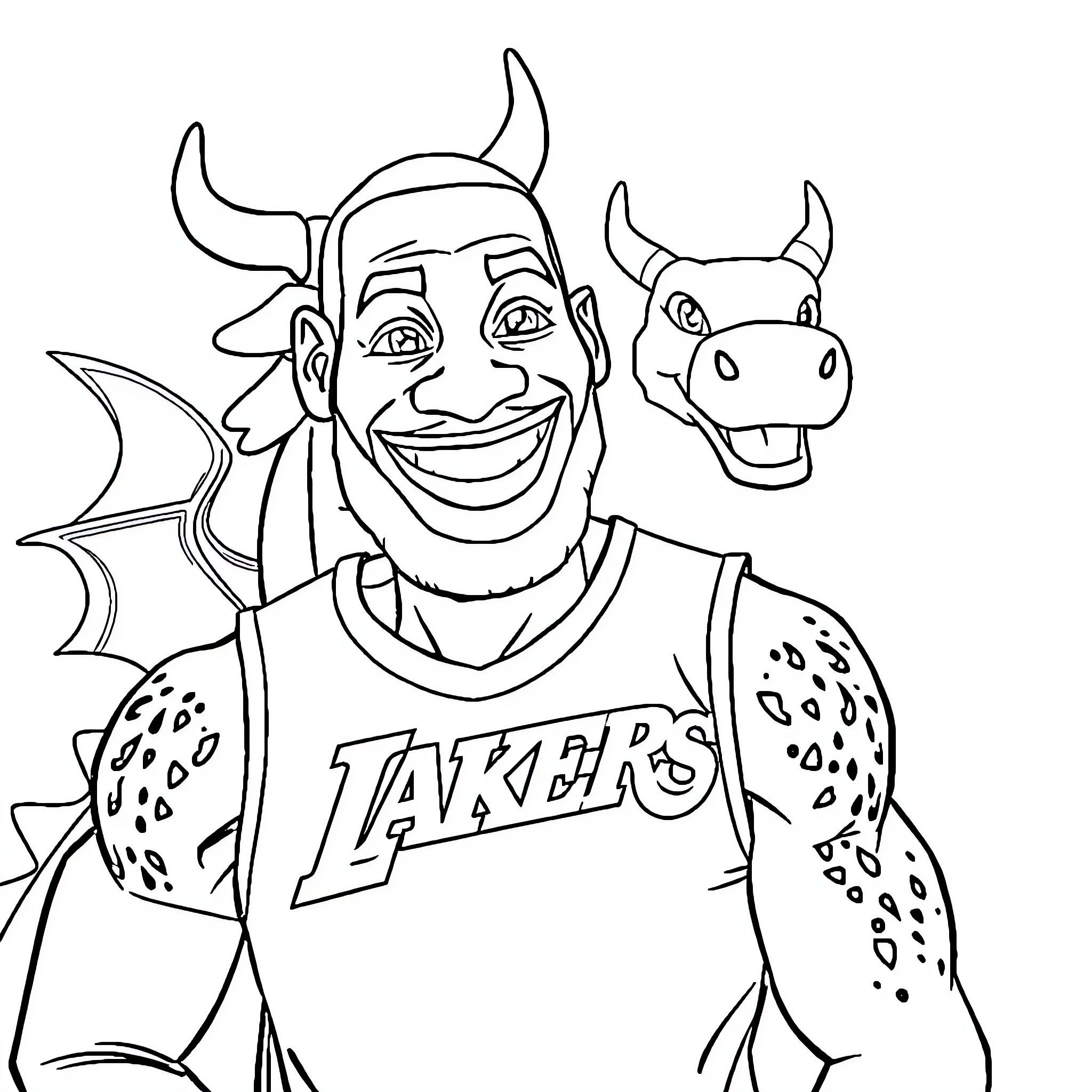 LeBron James Wearing Lakers Jersey and Smiling Coloring Page (free black-and-white line drawing printable PDF for all, from beginners to advanced learners, including children, teens, adults, and seniors)