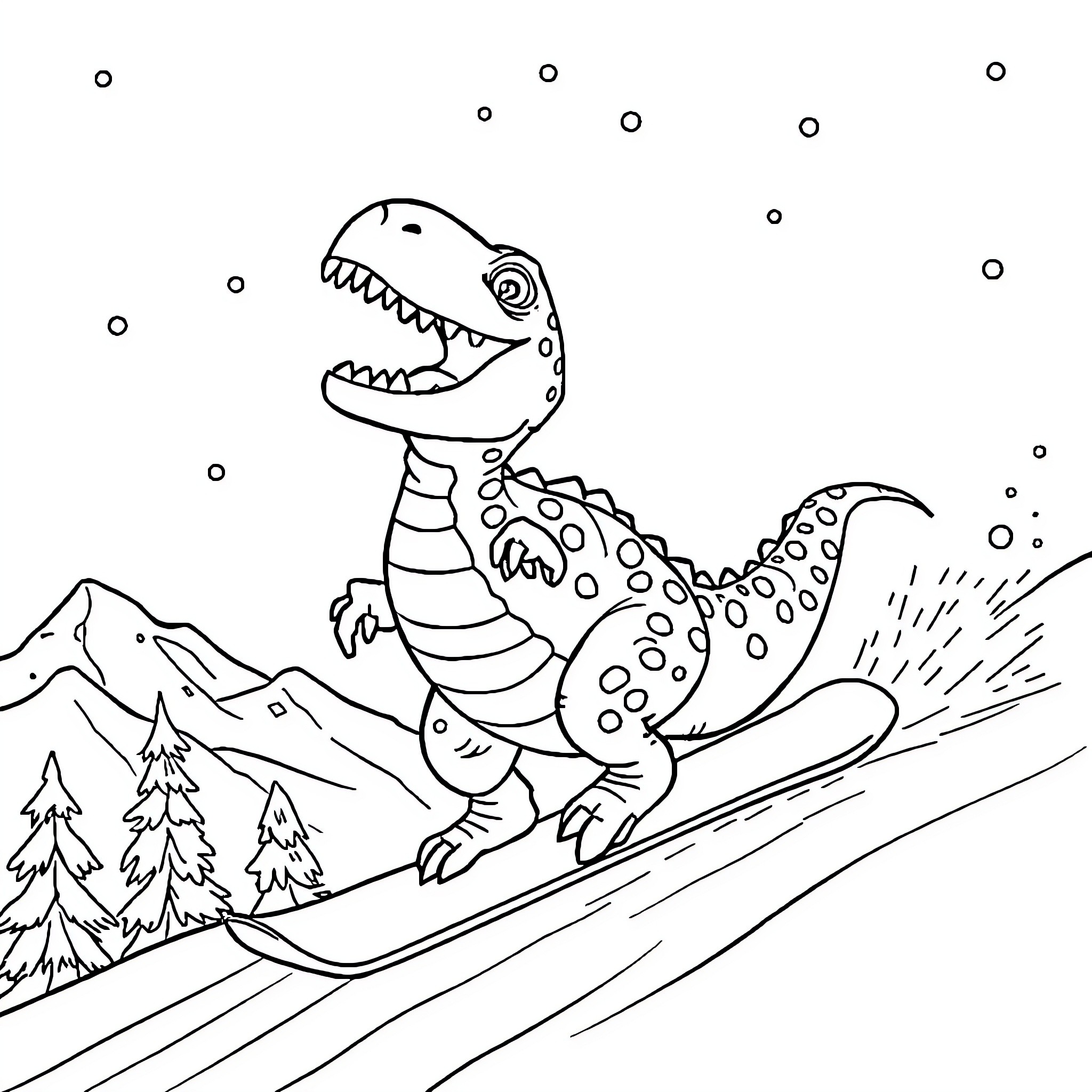Dinosaur sledding down a snowy mountain Coloring Page (free black-and-white line drawing printable PDF for all, from beginners to advanced learners, including children, teens, adults, and seniors)