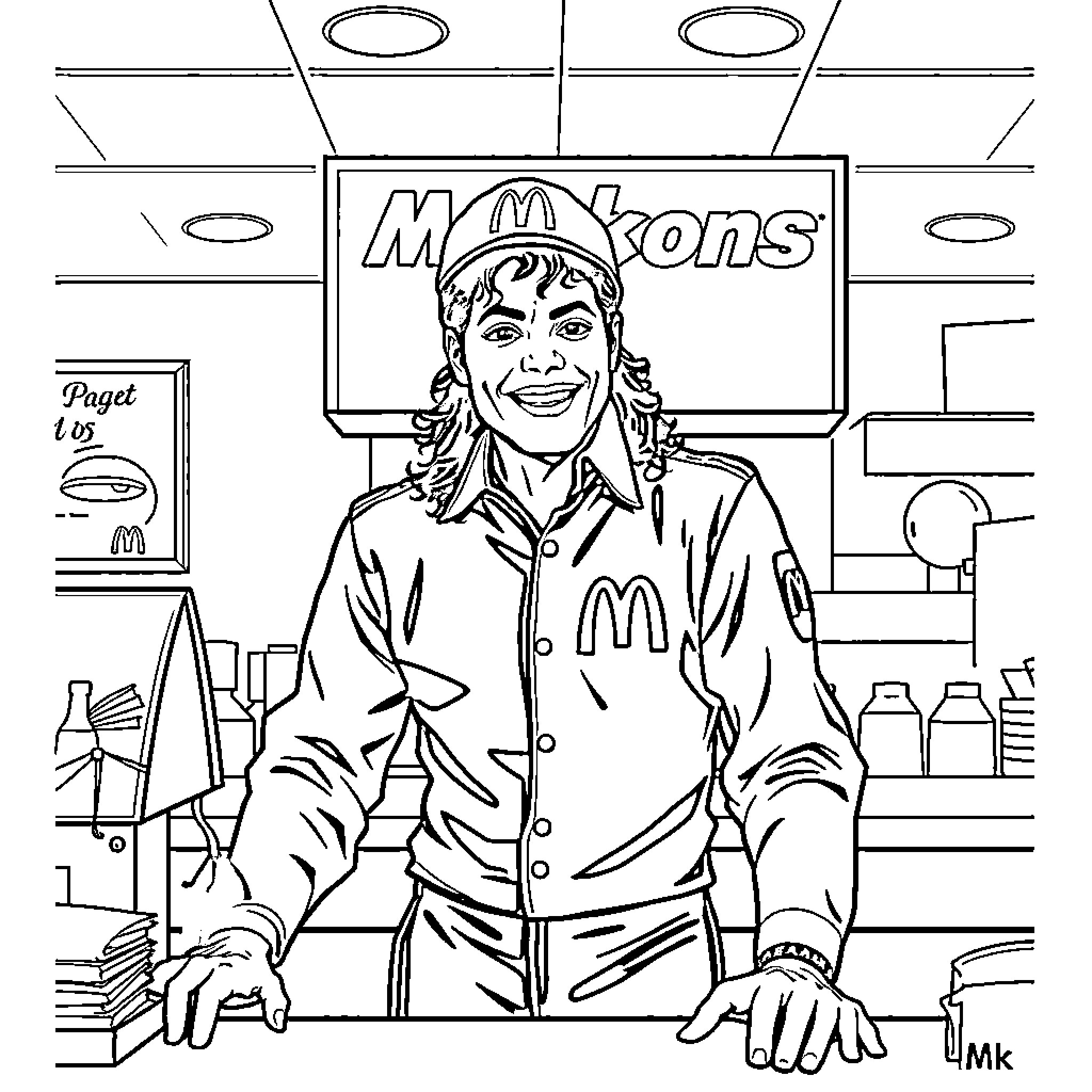 Michael Jackson as a McDonald's employee Coloring Page (free black-and-white line drawing printable PDF for all, from beginners to advanced learners, including children, teens, adults, and seniors)
