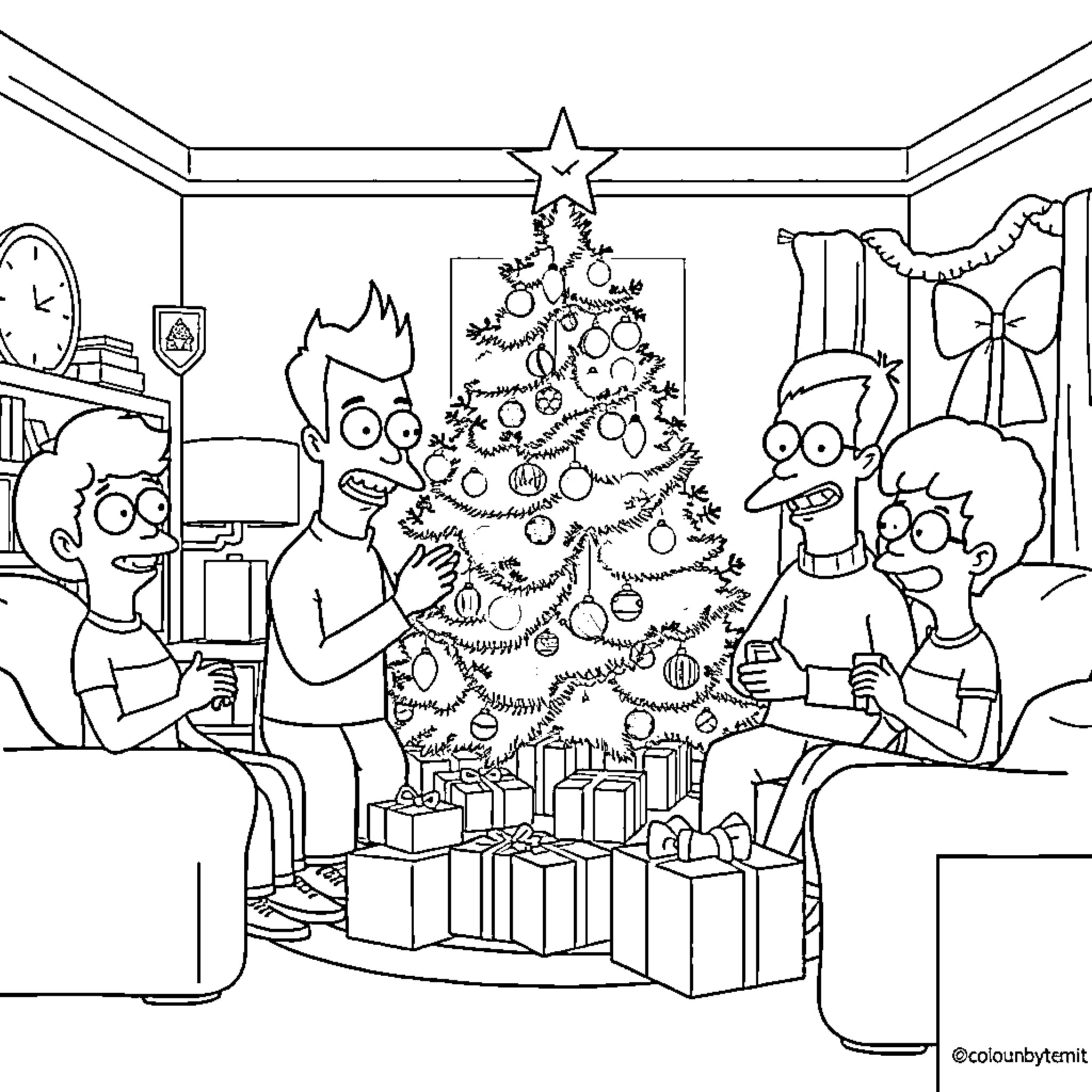 Bob's Burgers characters decorating Christmas tree and opening gifts Coloring Page (free black-and-white line drawing printable PDF for all, from beginners to advanced learners, including children, teens, adults, and seniors)