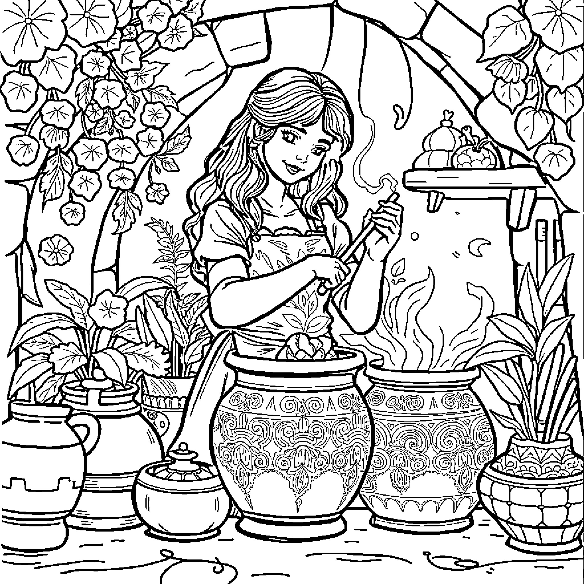 Schilder einer Frau, die in einem blumigen Garten kocht Coloring Page (free black-and-white line drawing printable PDF for all, from beginners to advanced learners, including children, teens, adults, and seniors)