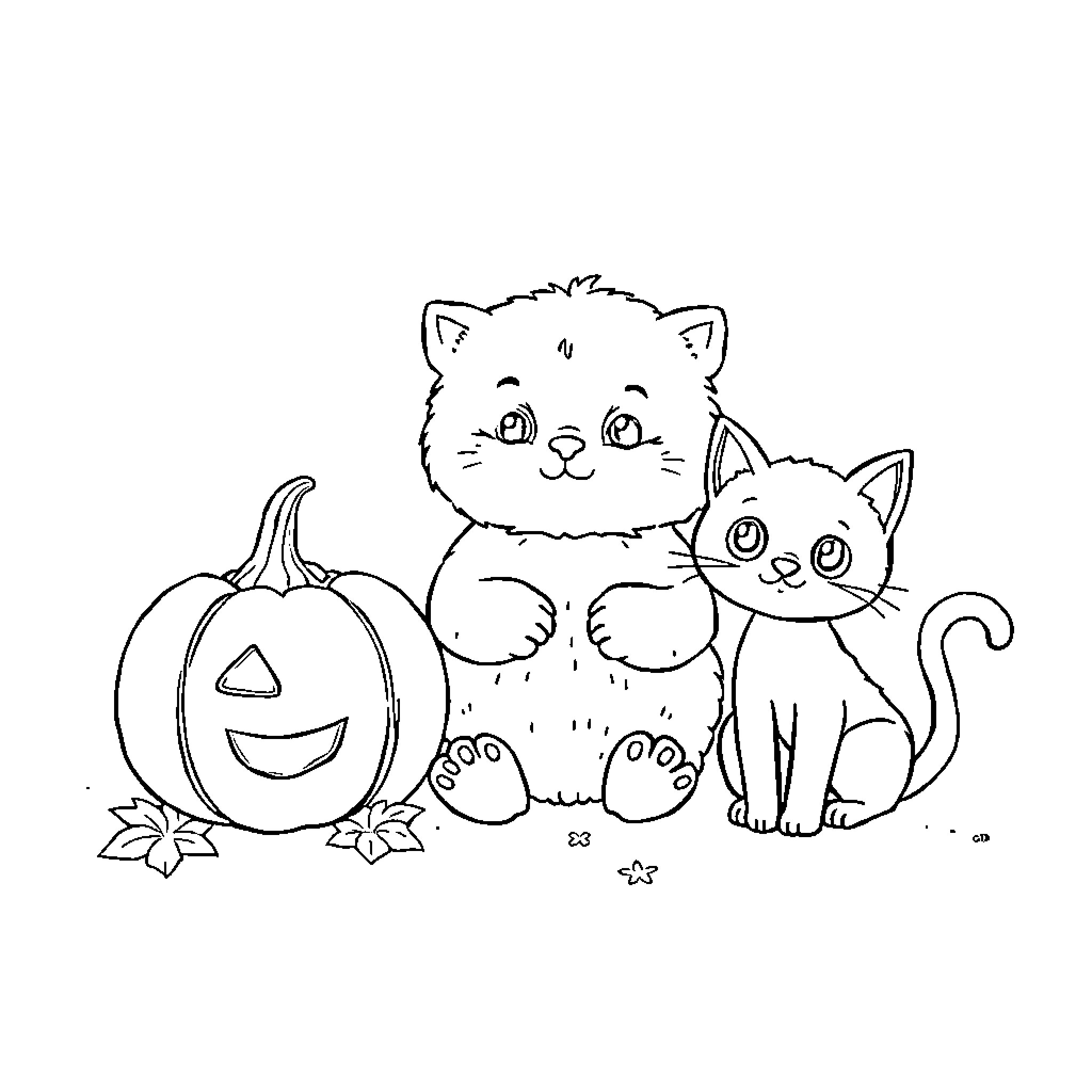 Bear kittens and Halloween pumpkin Coloring Page (free black-and-white line drawing printable PDF for all, from beginners to advanced learners, including children, teens, adults, and seniors)