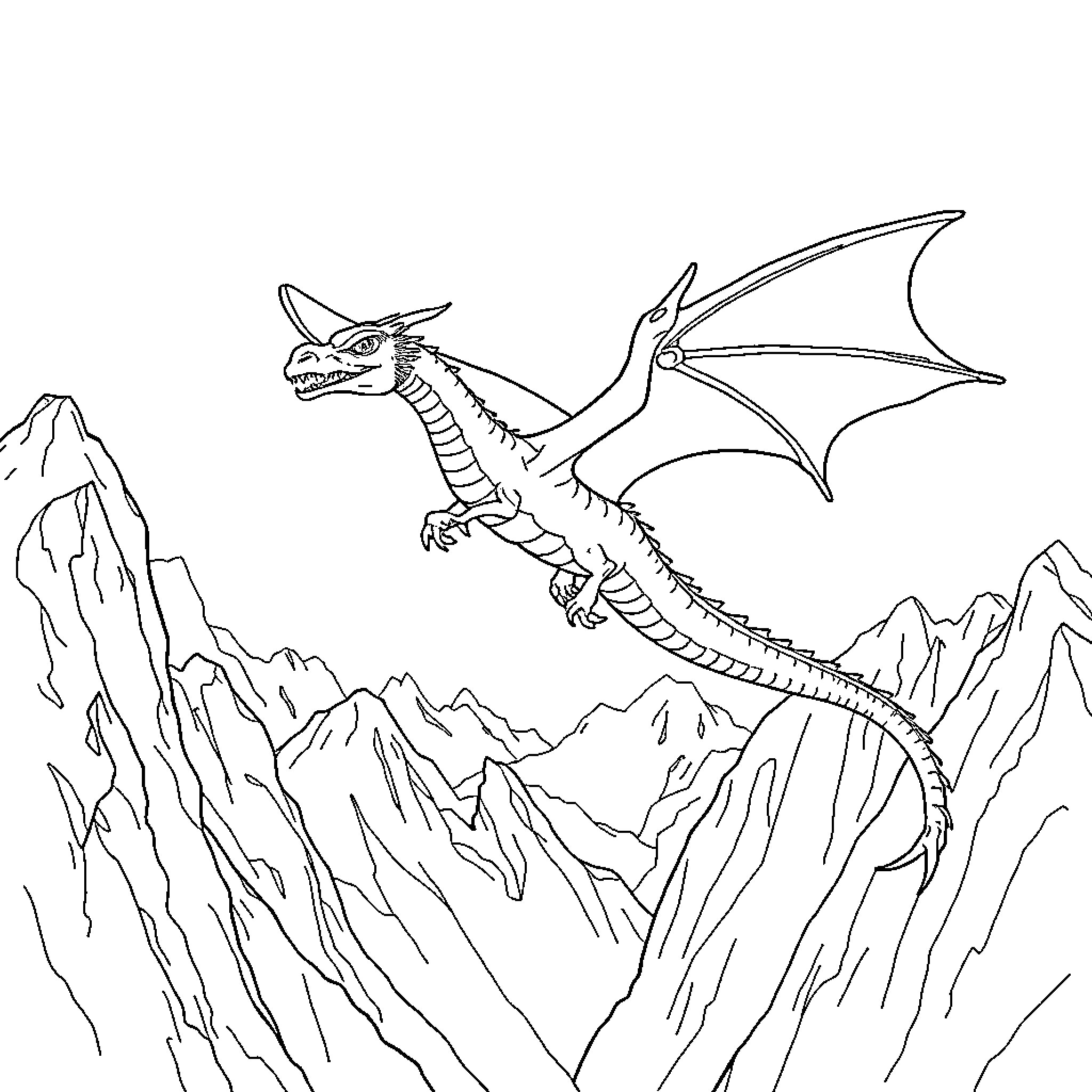 Fire Dragon Soaring Through the Rugged Landscape Coloring Page (free black-and-white line drawing printable PDF for all, from beginners to advanced learners, including children, teens, adults, and seniors)