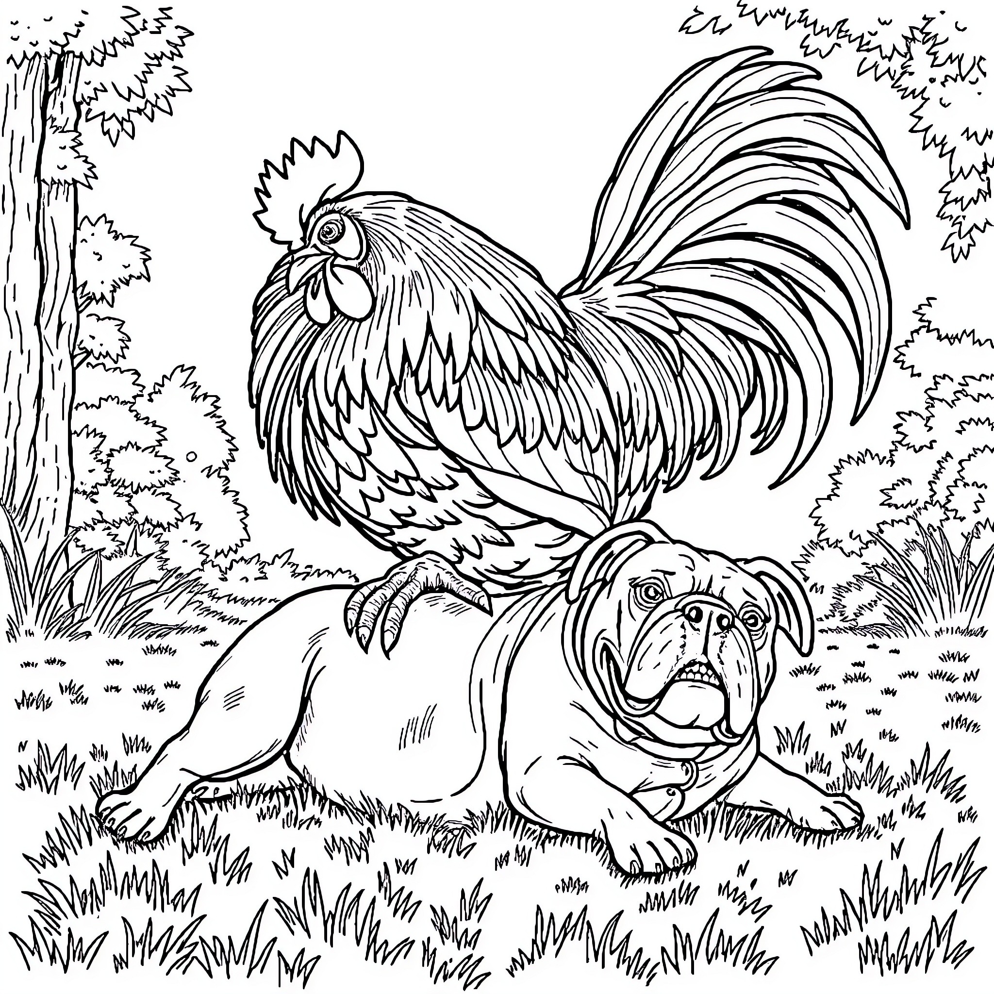 Rooster standing tall in the countryside Coloring Page (free black-and-white line drawing printable PDF for all, from beginners to advanced learners, including children, teens, adults, and seniors)