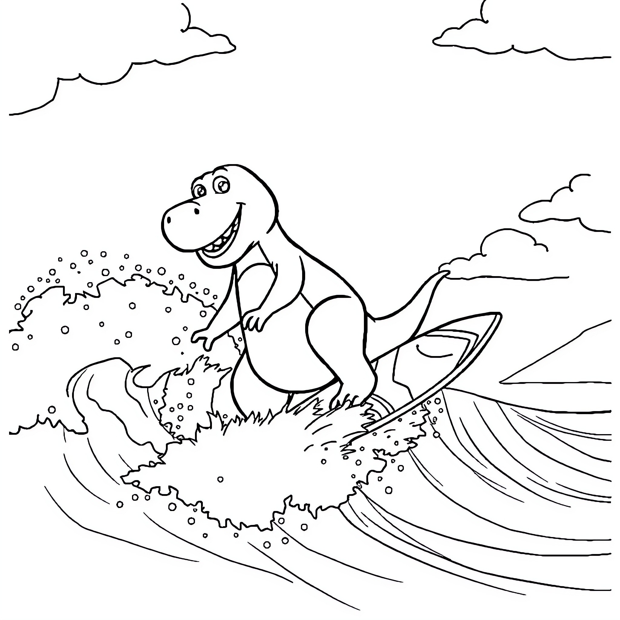 Barney surfing on a wave Coloring Page (free black-and-white line drawing printable PDF for all, from beginners to advanced learners, including children, teens, adults, and seniors)