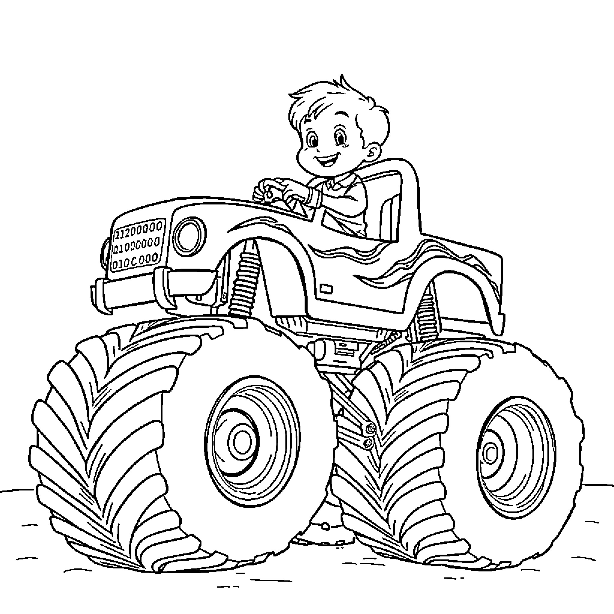 Monster Truck driven by a cheerful boy Coloring Page (free black-and-white line drawing printable PDF for all, from beginners to advanced learners, including children, teens, adults, and seniors)