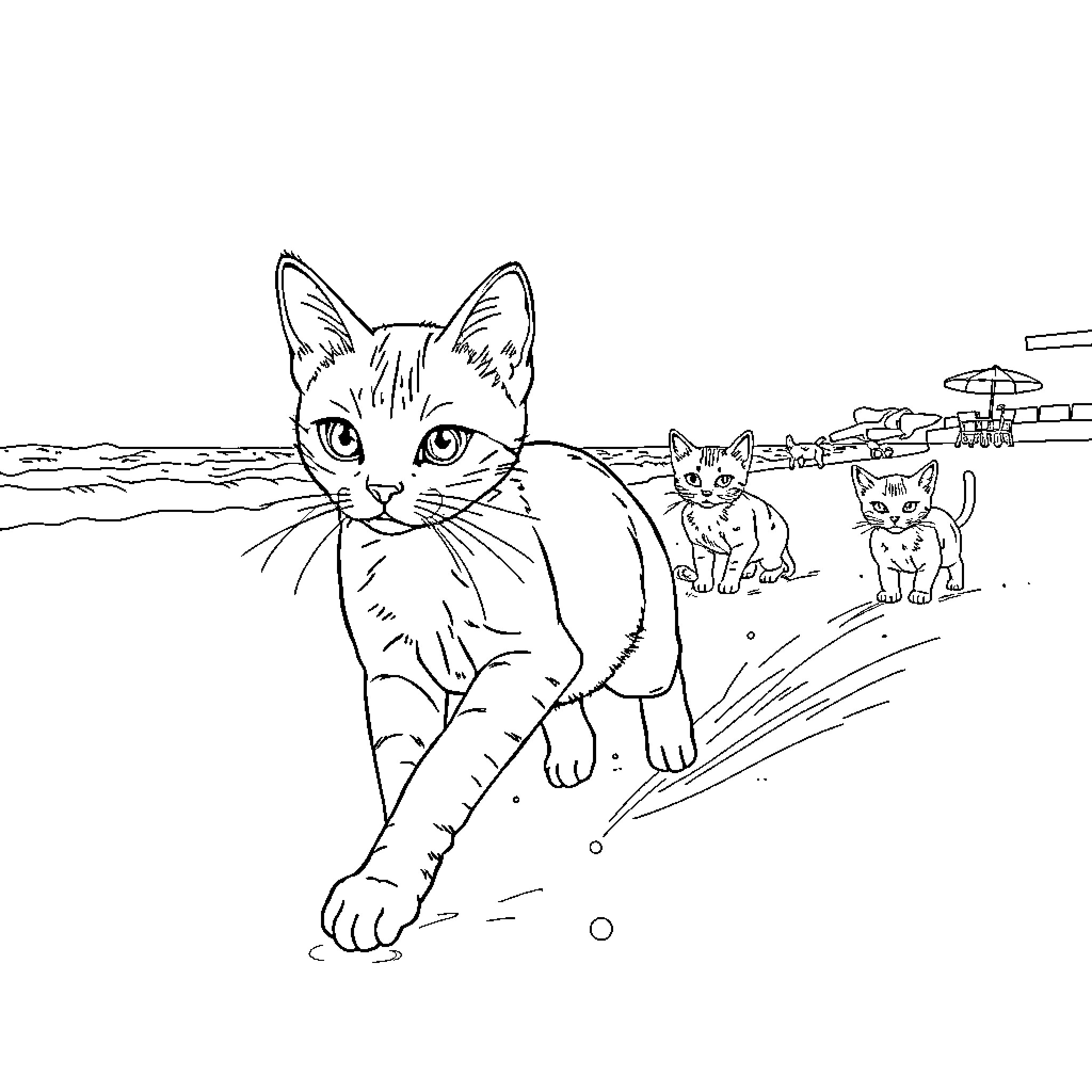 Cat family enjoying a day at the beach Coloring Page (free black-and-white line drawing printable PDF for all, from beginners to advanced learners, including children, teens, adults, and seniors)