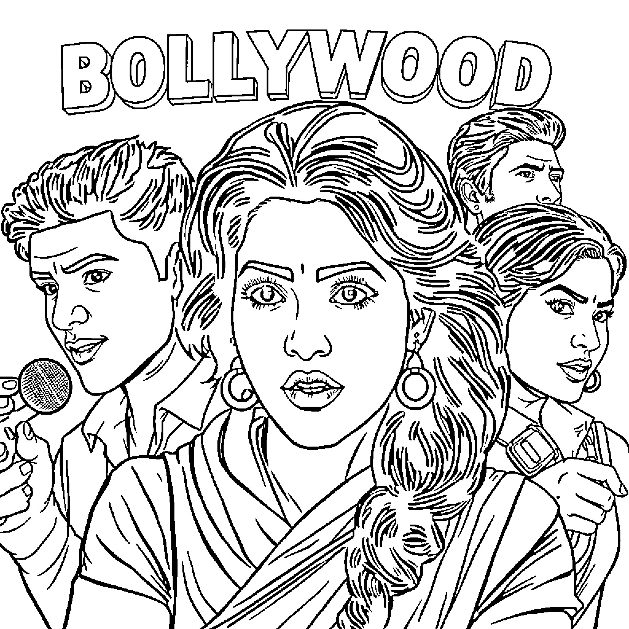 Bollywood actors and actresses in lively expressions Coloring Page (free black-and-white line drawing printable PDF for all, from beginners to advanced learners, including children, teens, adults, and seniors)