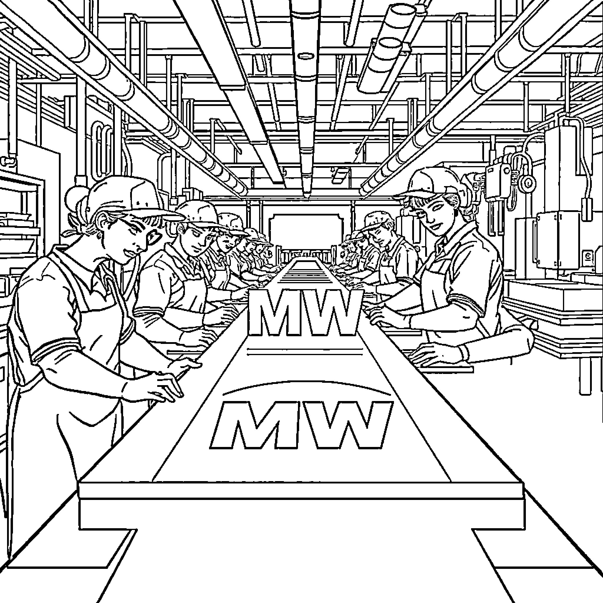 Production Line of Factory Workers in Uniforms Coloring Page (free black-and-white line drawing printable PDF for all, from beginners to advanced learners, including children, teens, adults, and seniors)