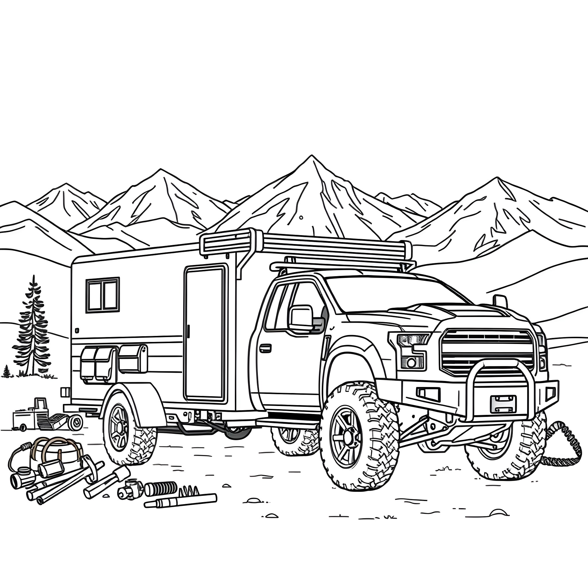 Car Trailer Navigating Mountain Terrain Coloring Page (free black-and-white line drawing printable PDF for all, from beginners to advanced learners, including children, teens, adults, and seniors)