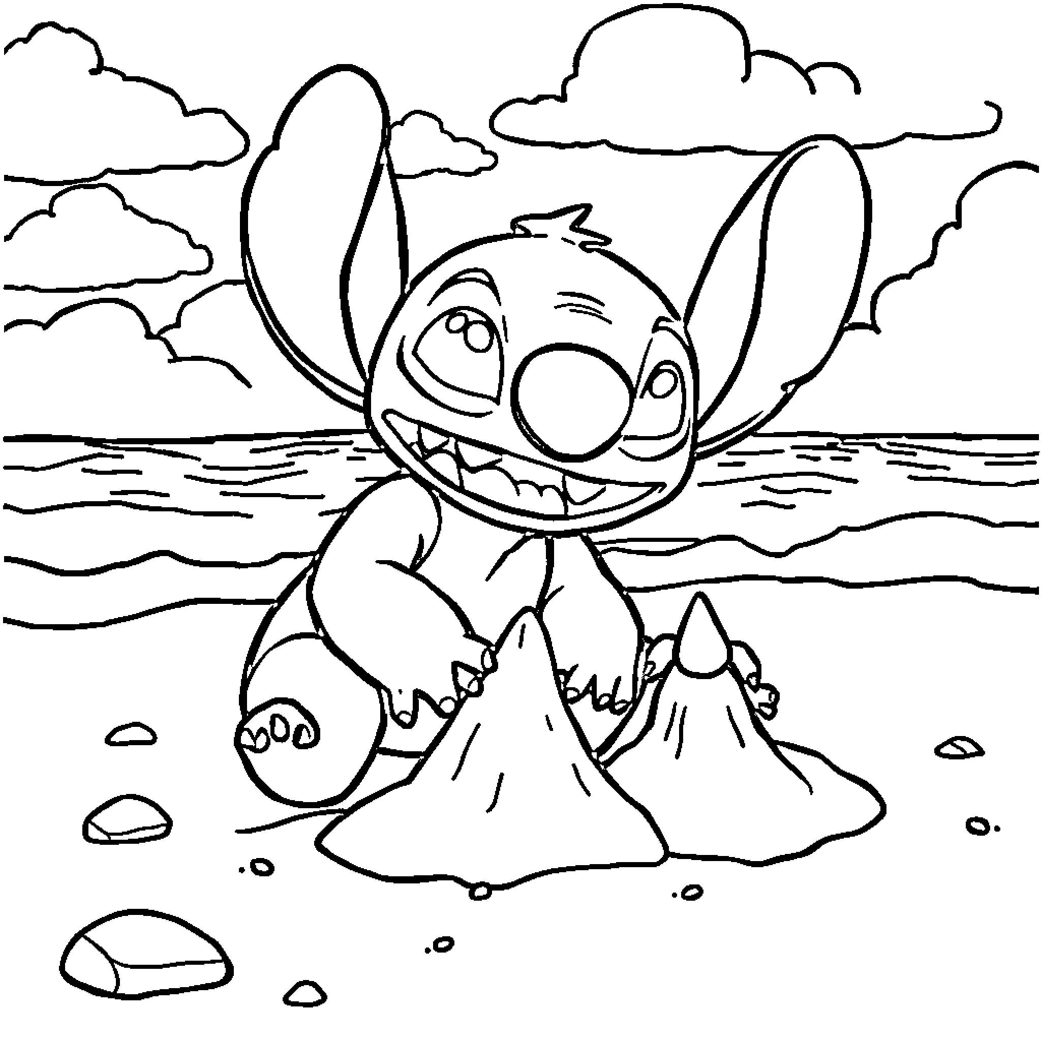 Stitch playing on the beach Coloring Page (free black-and-white line drawing printable PDF for all, from beginners to advanced learners, including children, teens, adults, and seniors)