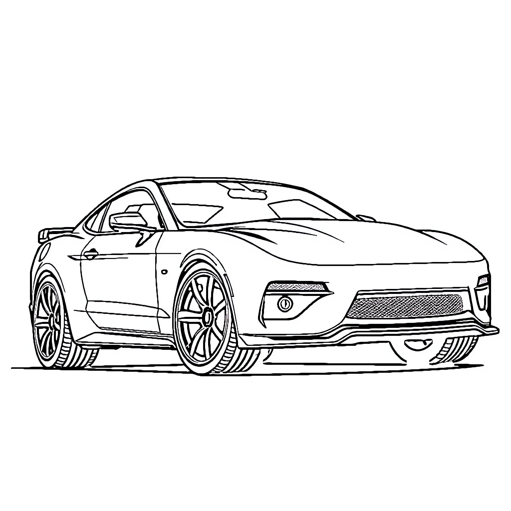 Mustang sports car speeding on the road Coloring Page (free black-and-white line drawing printable PDF for all, from beginners to advanced learners, including children, teens, adults, and seniors)