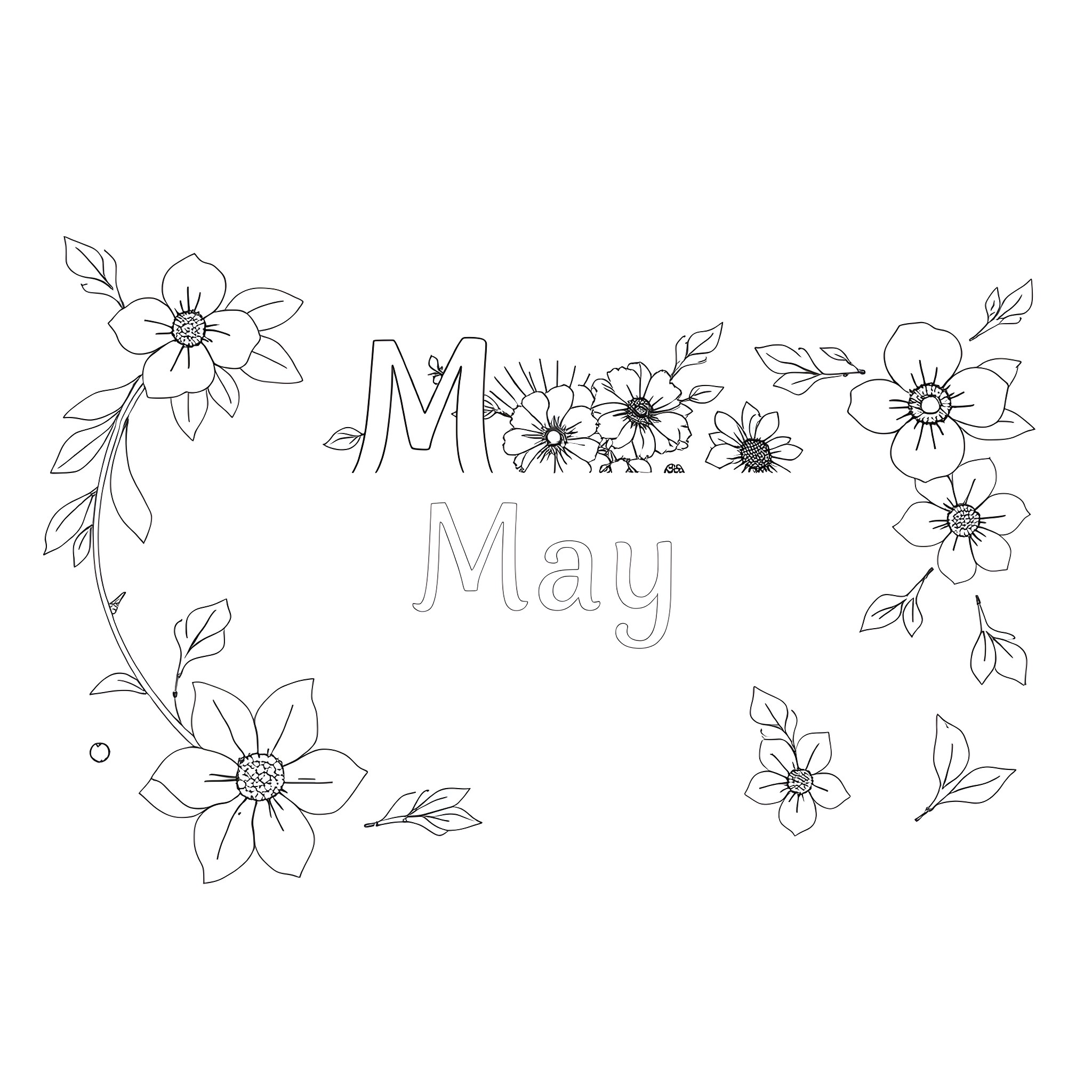 Month May with flowery decorations Coloring Page (free black-and-white line drawing printable PDF for all, from beginners to advanced learners, including children, teens, adults, and seniors)