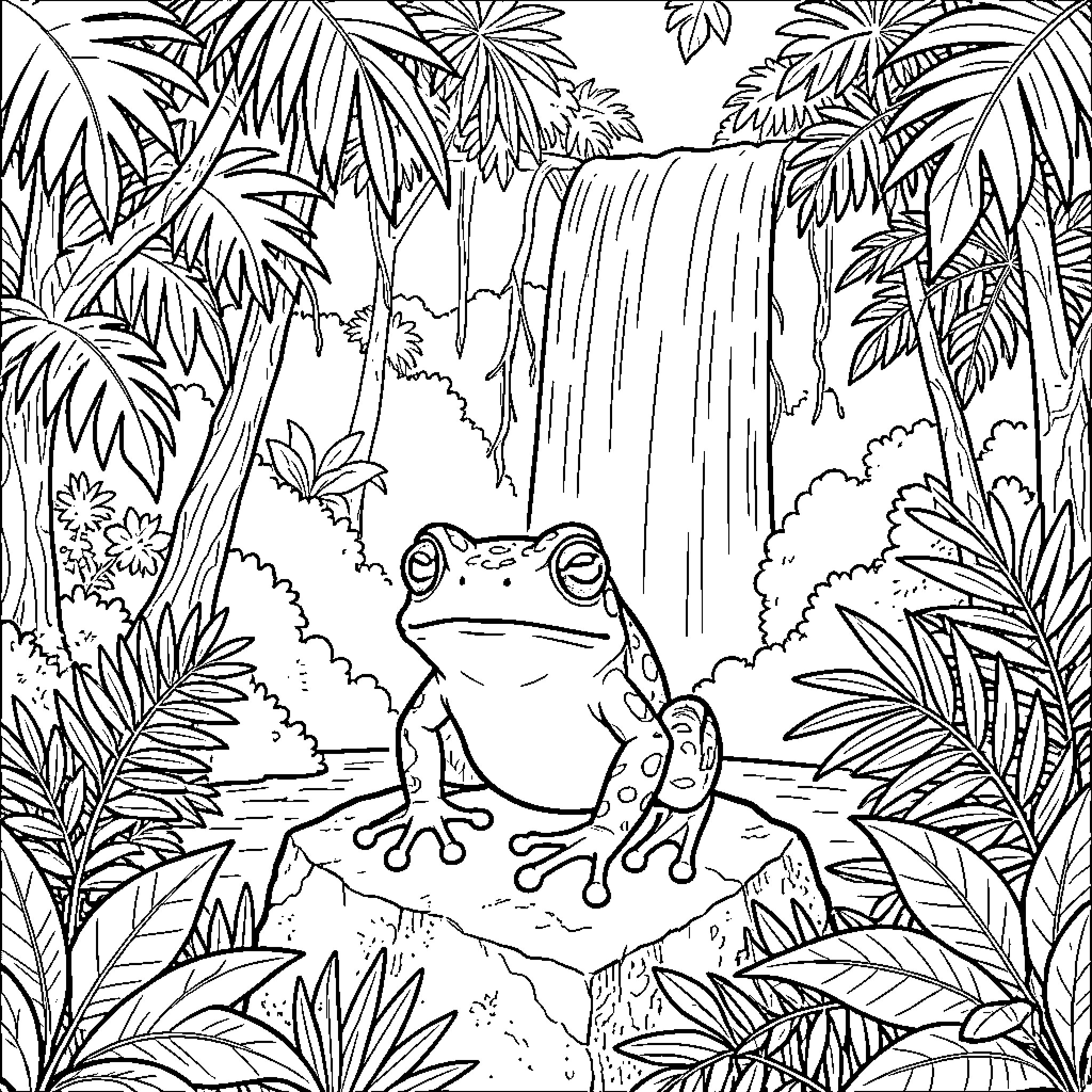 Frog sitting calmly on a rock near a waterfall Coloring Page (free black-and-white line drawing printable PDF for all, from beginners to advanced learners, including children, teens, adults, and seniors)