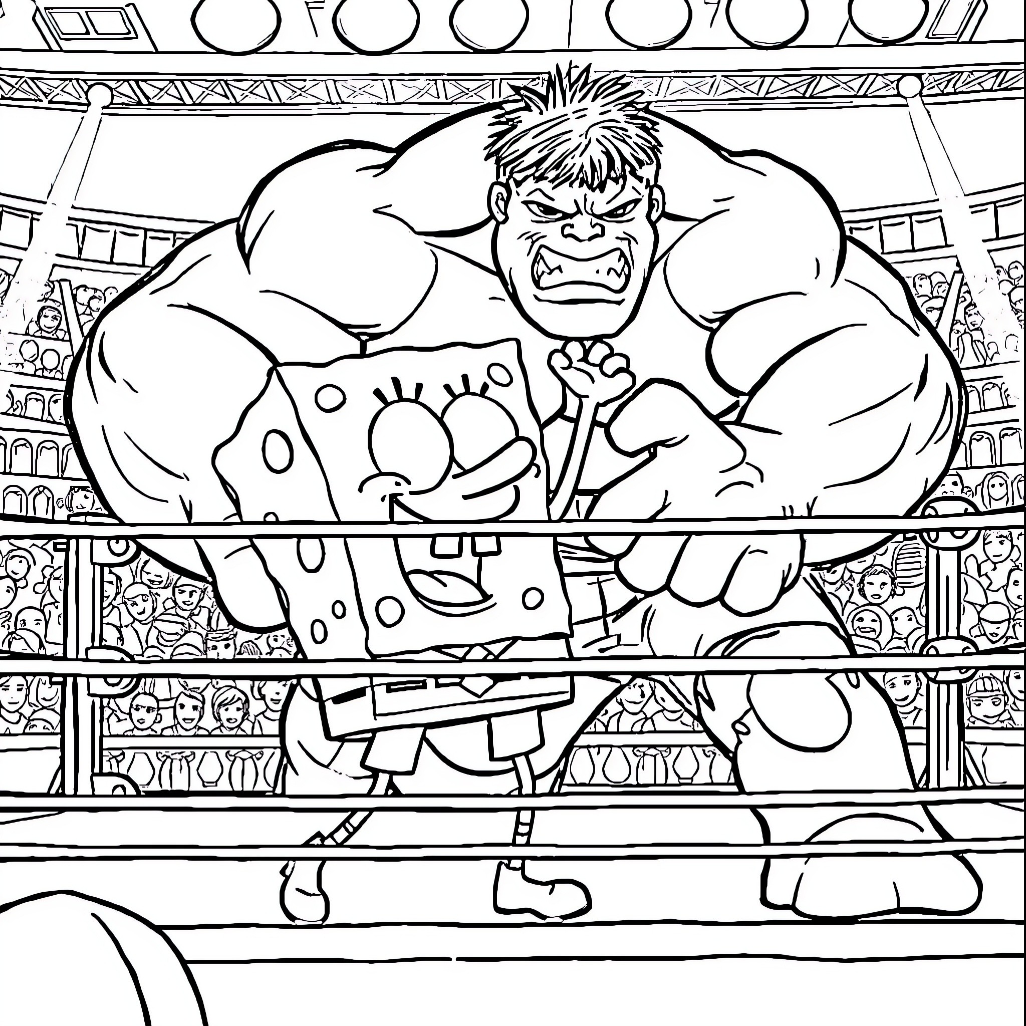 Spongebob wrestling against a muscular opponent Coloring Page (free black-and-white line drawing printable PDF for all, from beginners to advanced learners, including children, teens, adults, and seniors)