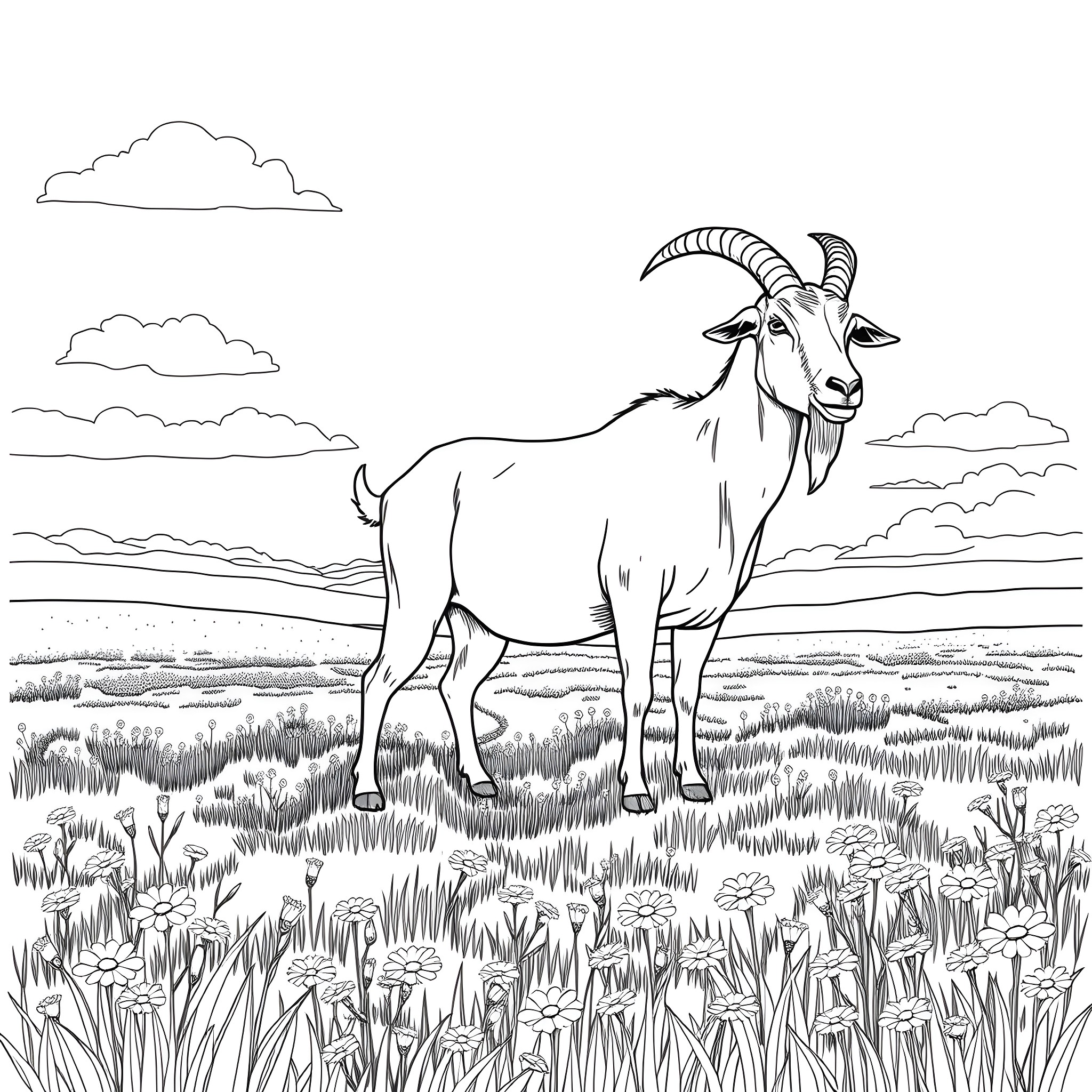 Goat standing in a grassy field Coloring Page (free black-and-white line drawing printable PDF for all, from beginners to advanced learners, including children, teens, adults, and seniors)