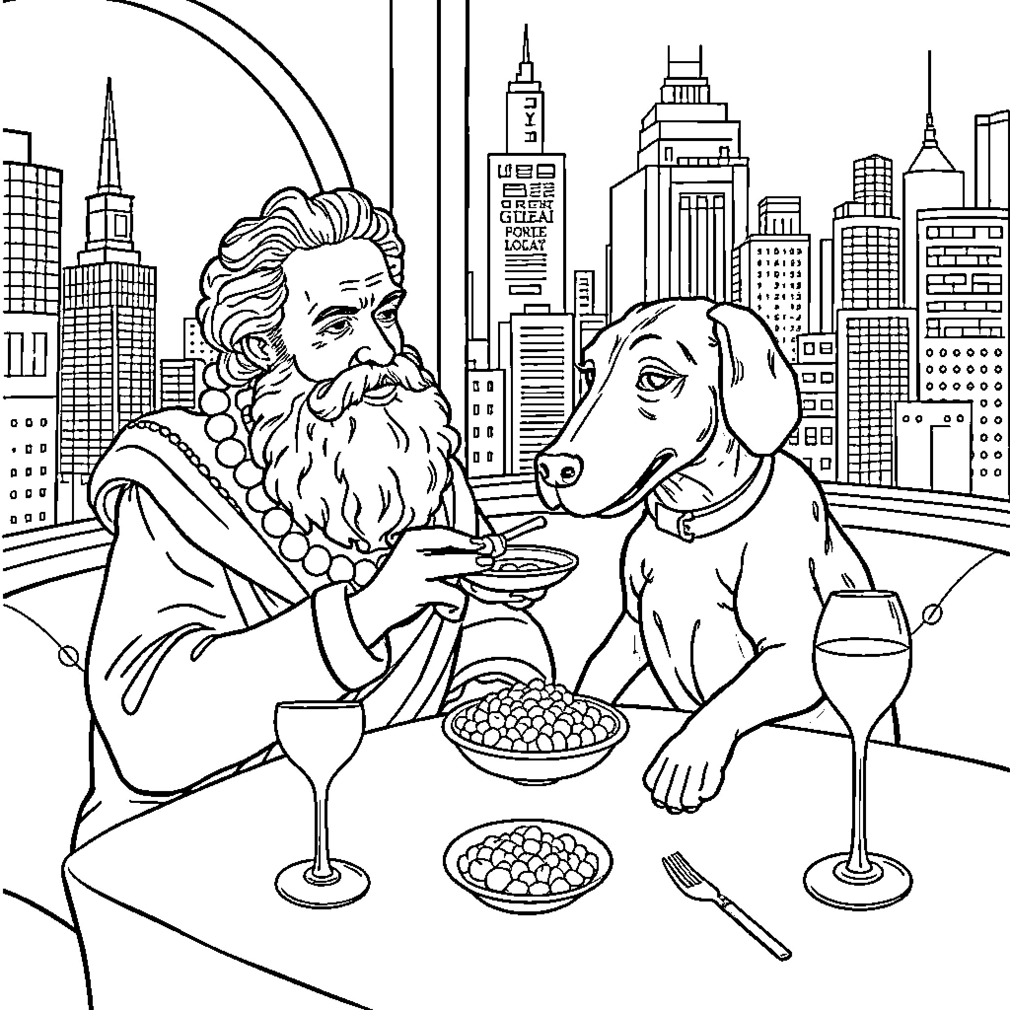 Dog Dining with Santa in the City Coloring Page (free black-and-white line drawing printable PDF for all, from beginners to advanced learners, including children, teens, adults, and seniors)