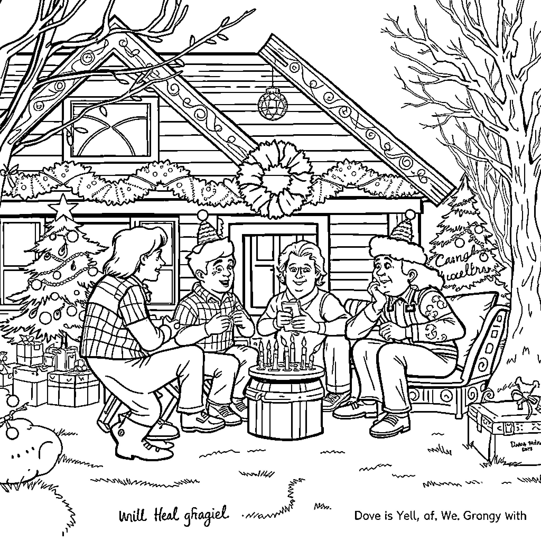 Dukes of Hazzard Family Gathering in Winter Wonderland Coloring Page (free black-and-white line drawing printable PDF for all, from beginners to advanced learners, including children, teens, adults, and seniors)