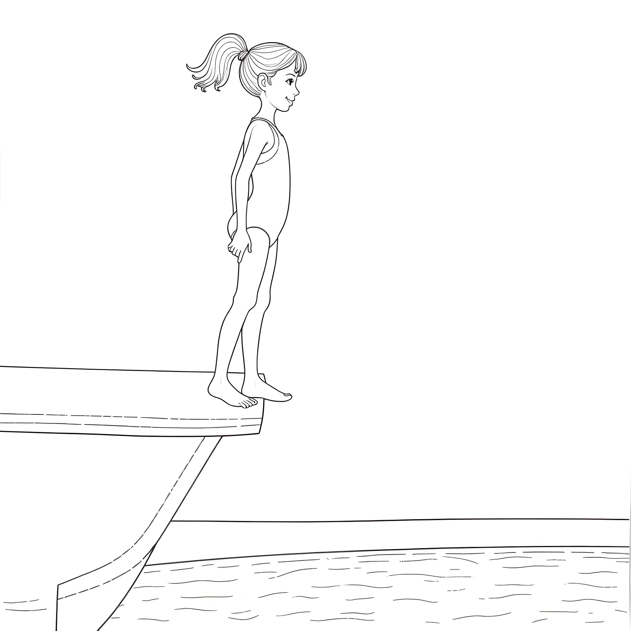 Girl standing on edge of diving board Coloring Page (free black-and-white line drawing printable PDF for all, from beginners to advanced learners, including children, teens, adults, and seniors)