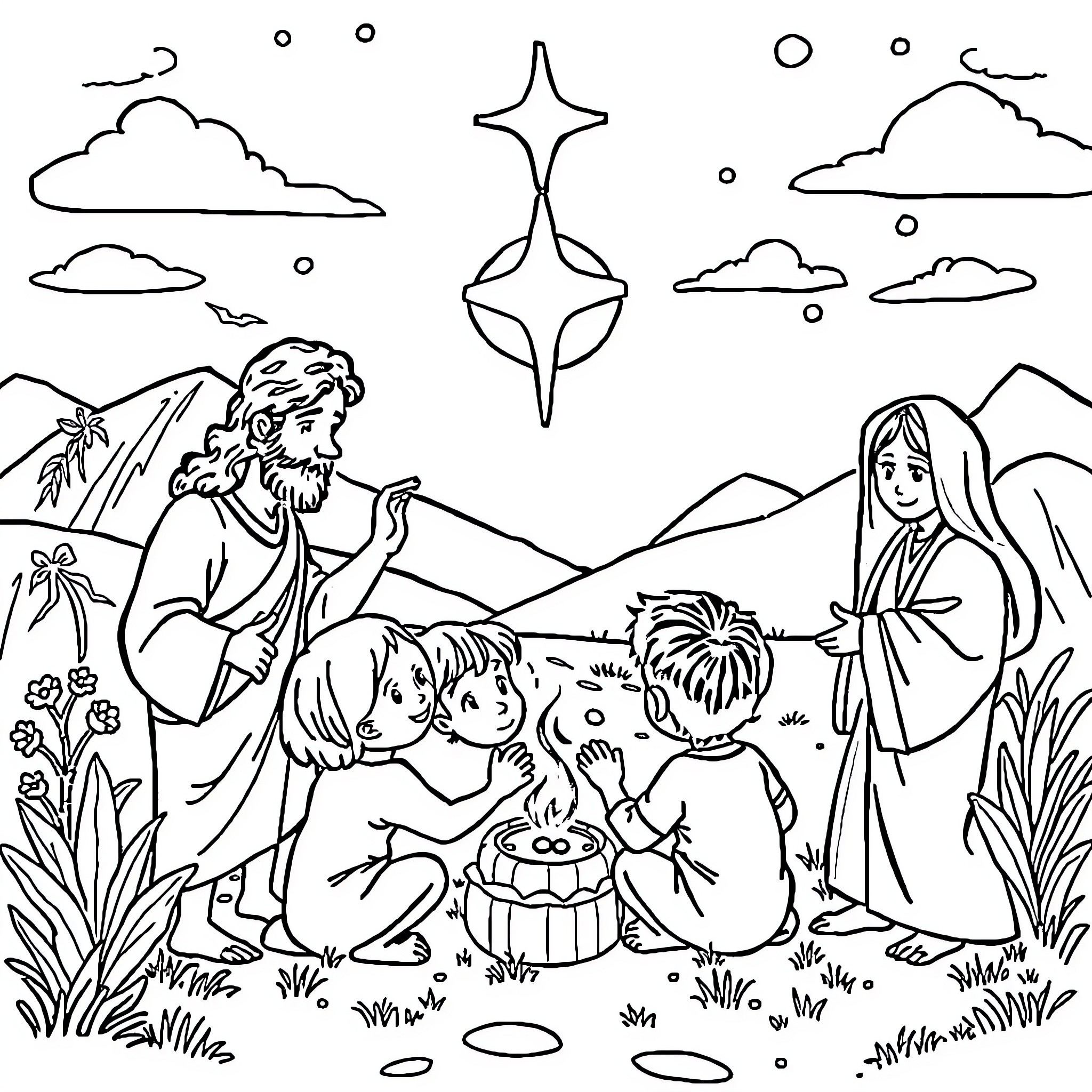 Bible Story: Peaceful Gathering in a Serene Landscape Coloring Page (free black-and-white line drawing printable PDF for all, from beginners to advanced learners, including children, teens, adults, and seniors)