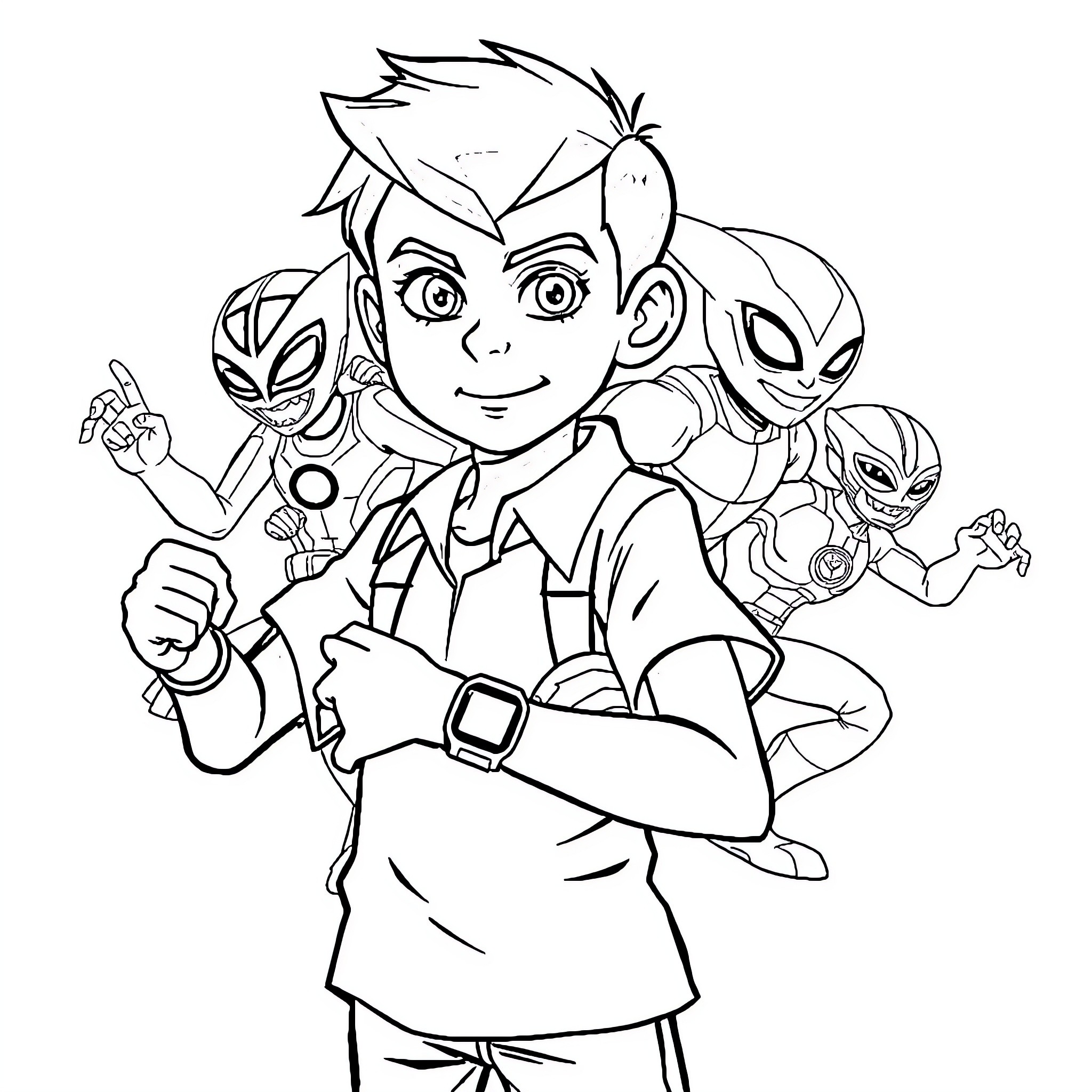 Ben 10 enjoying adventures with alien friends Coloring Page (free black-and-white line drawing printable PDF for all, from beginners to advanced learners, including children, teens, adults, and seniors)