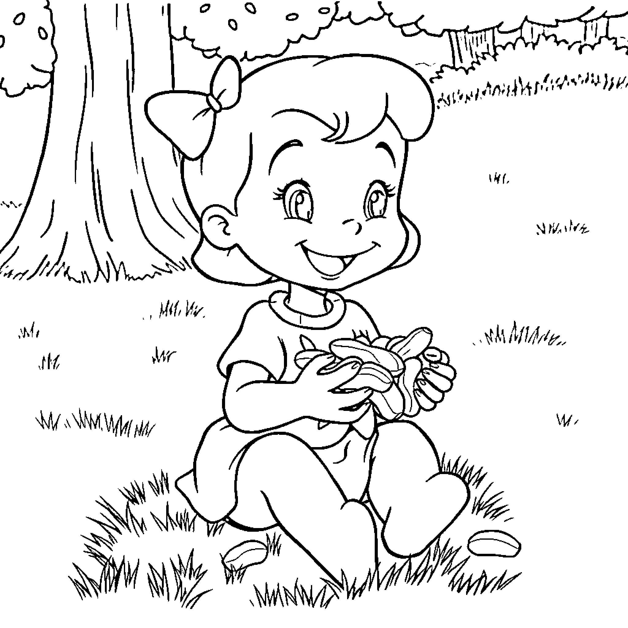 Peanut girl enjoys flowers in the forest Coloring Page (free black-and-white line drawing printable PDF for all, from beginners to advanced learners, including children, teens, adults, and seniors)