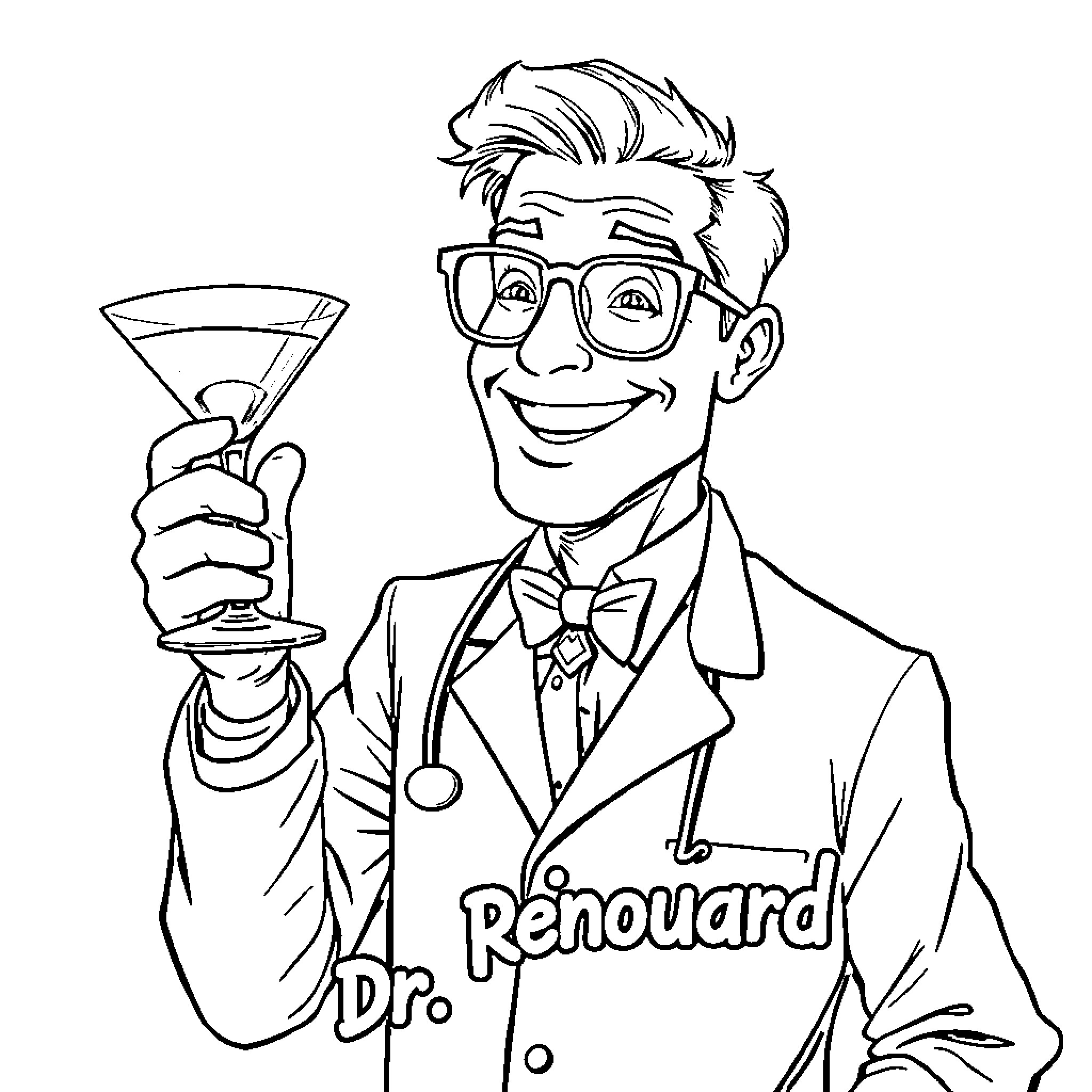 Doctor Renouard Enjoying a Refreshing Beverage Coloring Page (free black-and-white line drawing printable PDF for all, from beginners to advanced learners, including children, teens, adults, and seniors)