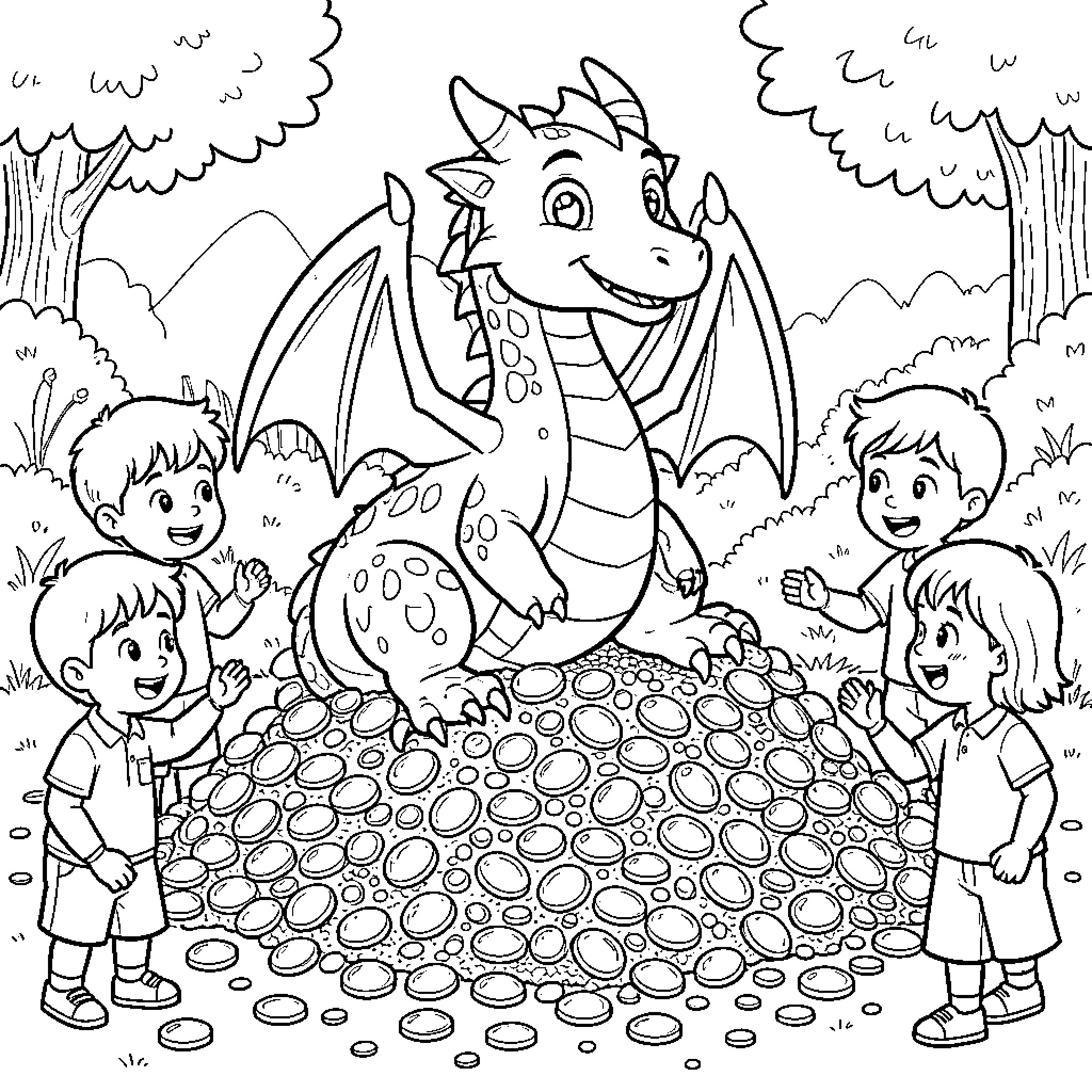 Dragon sitting on treasure surrounded by happy children Coloring Page (free black-and-white line drawing printable PDF for all, from beginners to advanced learners, including children, teens, adults, and seniors)