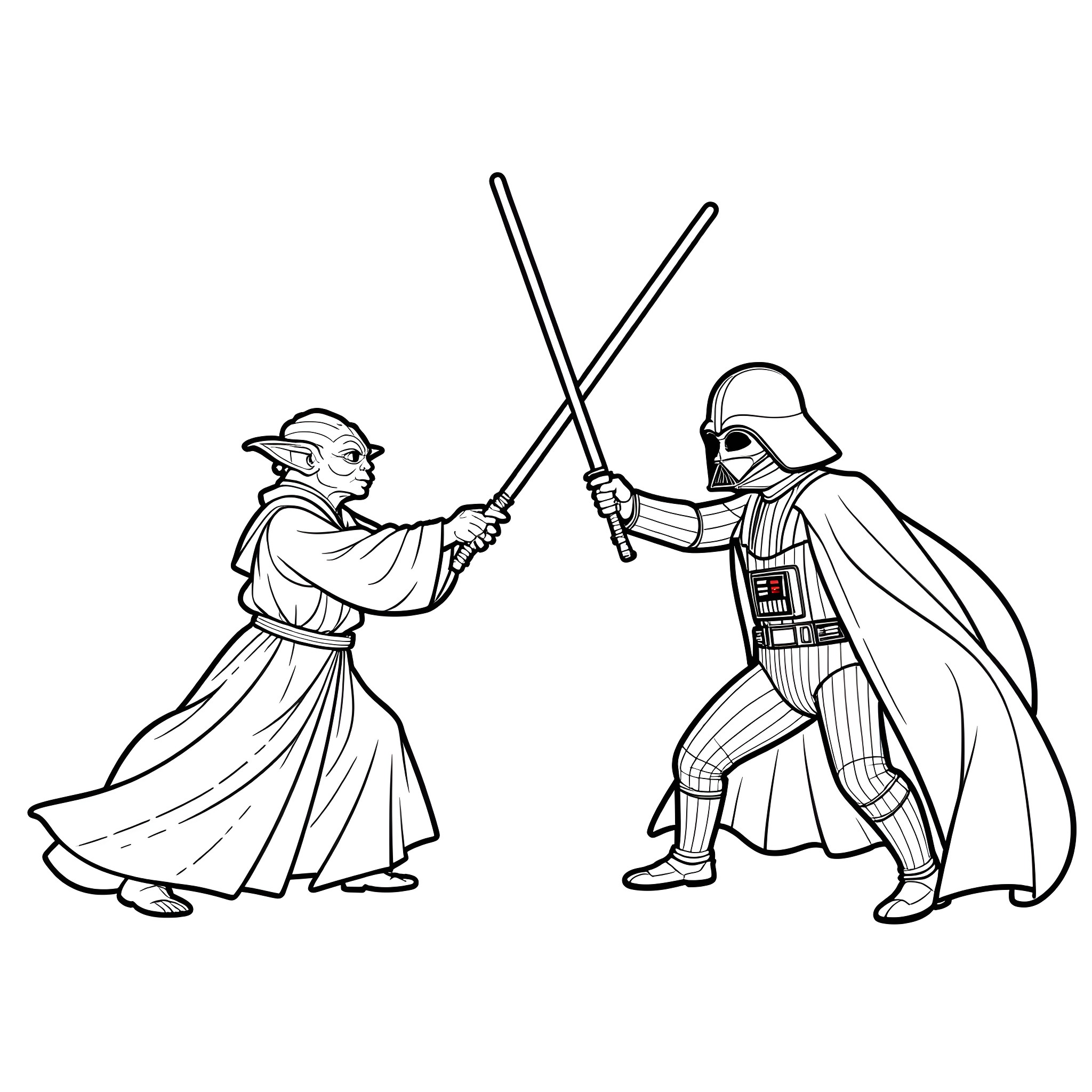 Darth Vader engages in lightsaber duel with Jedi warrior Coloring Page (free black-and-white line drawing printable PDF for all, from beginners to advanced learners, including children, teens, adults, and seniors)