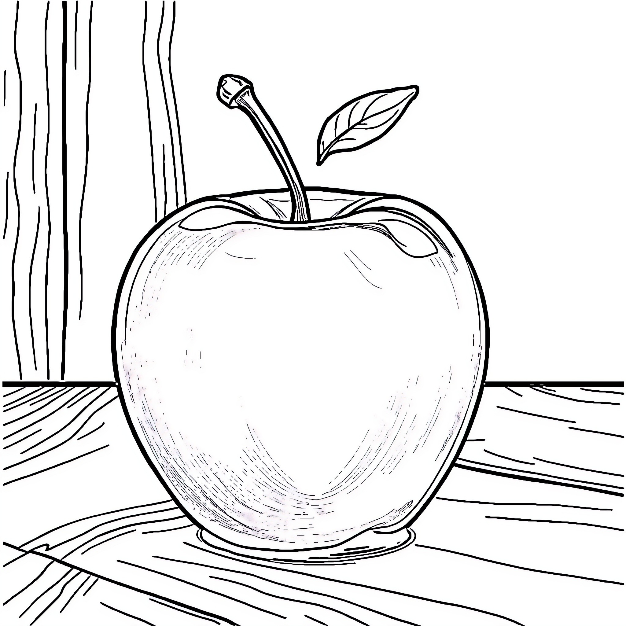 Apple Depicted in Simple Line Drawing Coloring Page (free black-and-white line drawing printable PDF for all, from beginners to advanced learners, including children, teens, adults, and seniors)