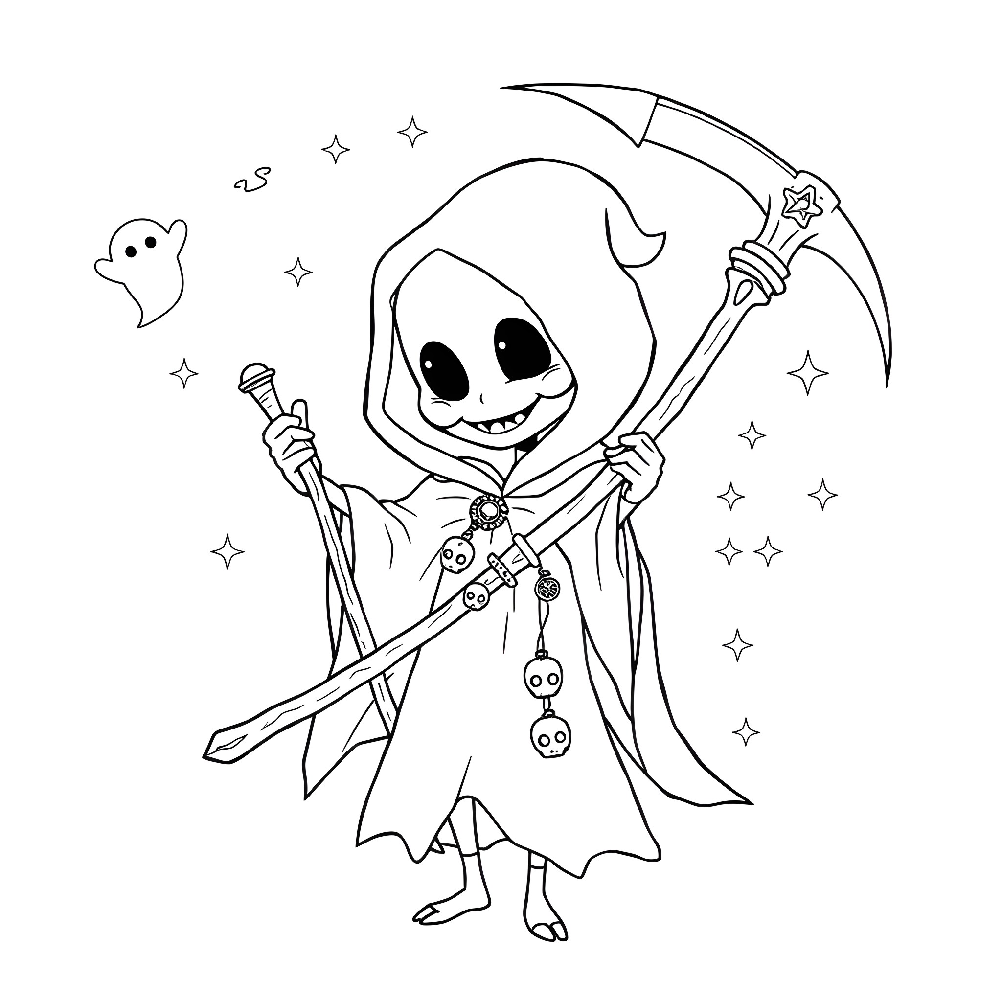 Reaper Gleefully Harvesting Souls in Starry Night Coloring Page (free black-and-white line drawing printable PDF for all, from beginners to advanced learners, including children, teens, adults, and seniors)