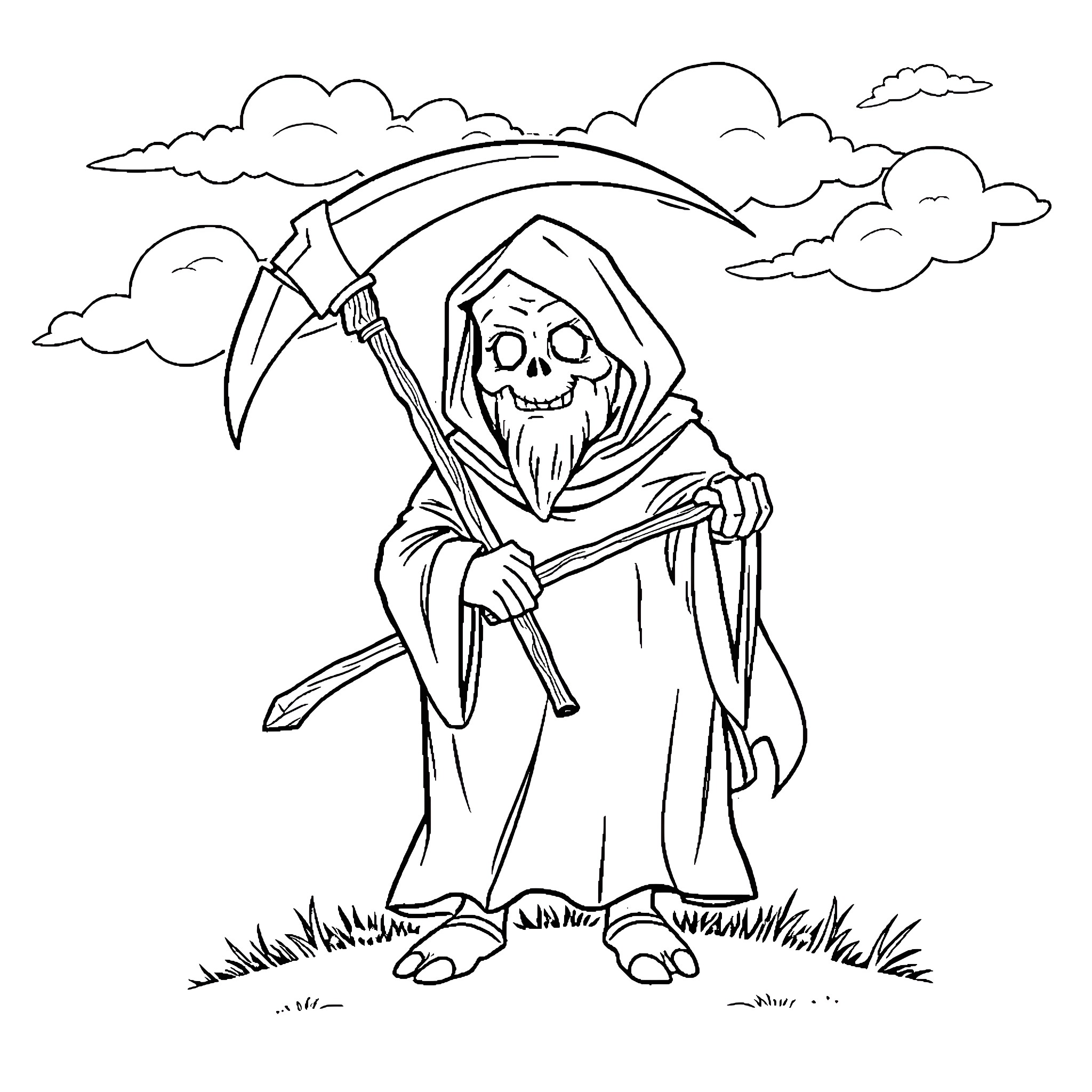 Grim Reaper standing in a field Coloring Page (free black-and-white line drawing printable PDF for all, from beginners to advanced learners, including children, teens, adults, and seniors)