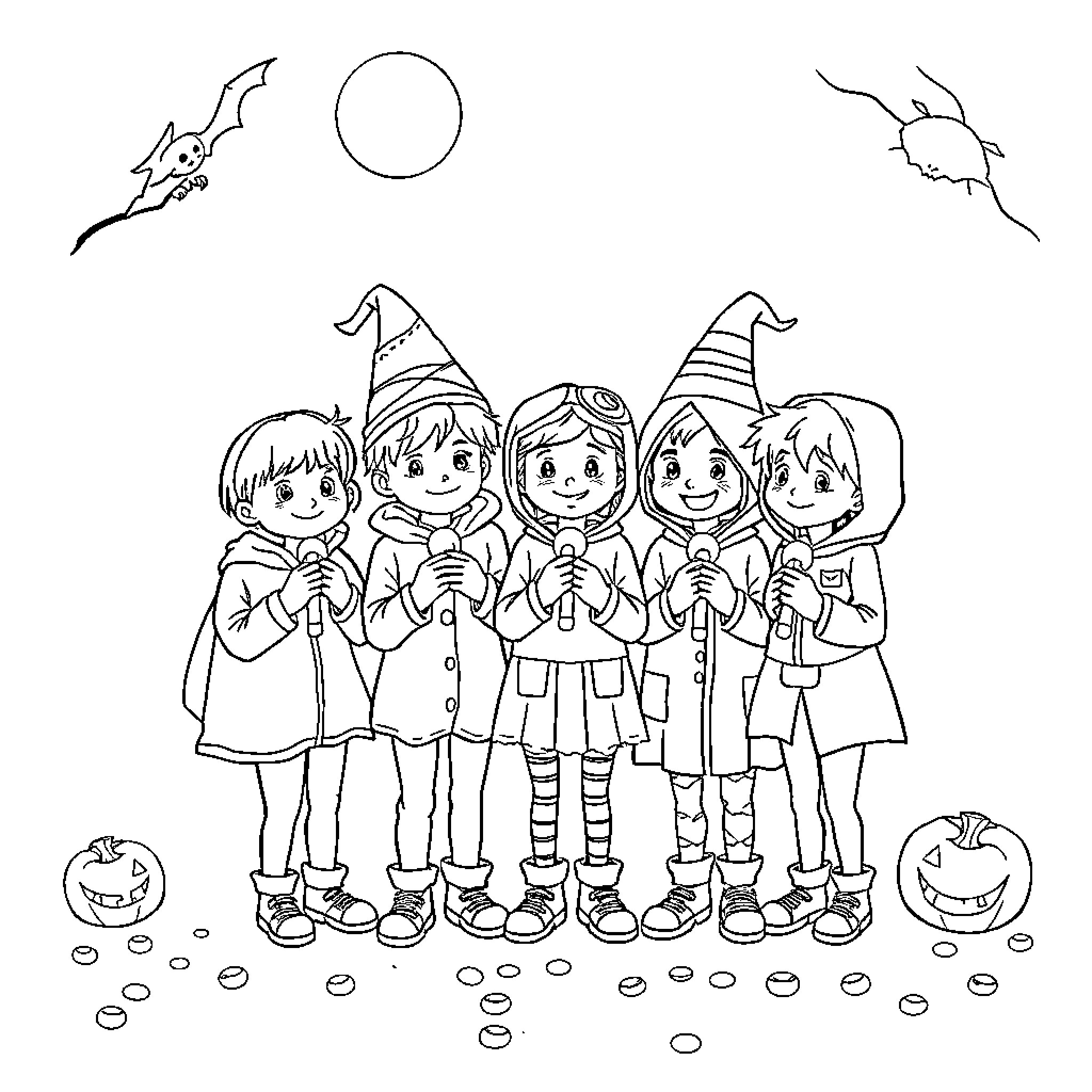 Children in Halloween costumes Coloring Page (free black-and-white line drawing printable PDF for all, from beginners to advanced learners, including children, teens, adults, and seniors)