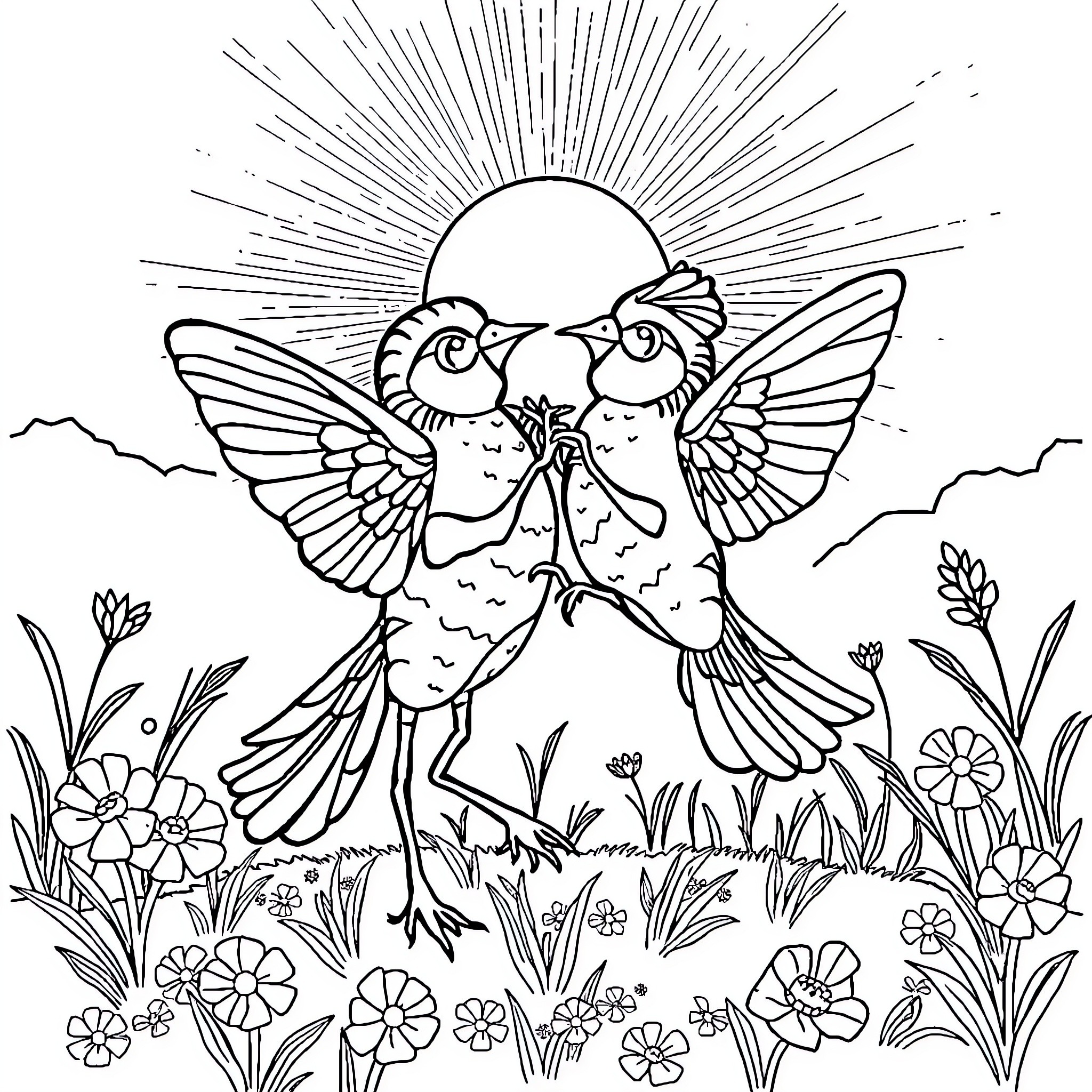 Labubu birds dancing in a flower meadow Coloring Page (free black-and-white line drawing printable PDF for all, from beginners to advanced learners, including children, teens, adults, and seniors)