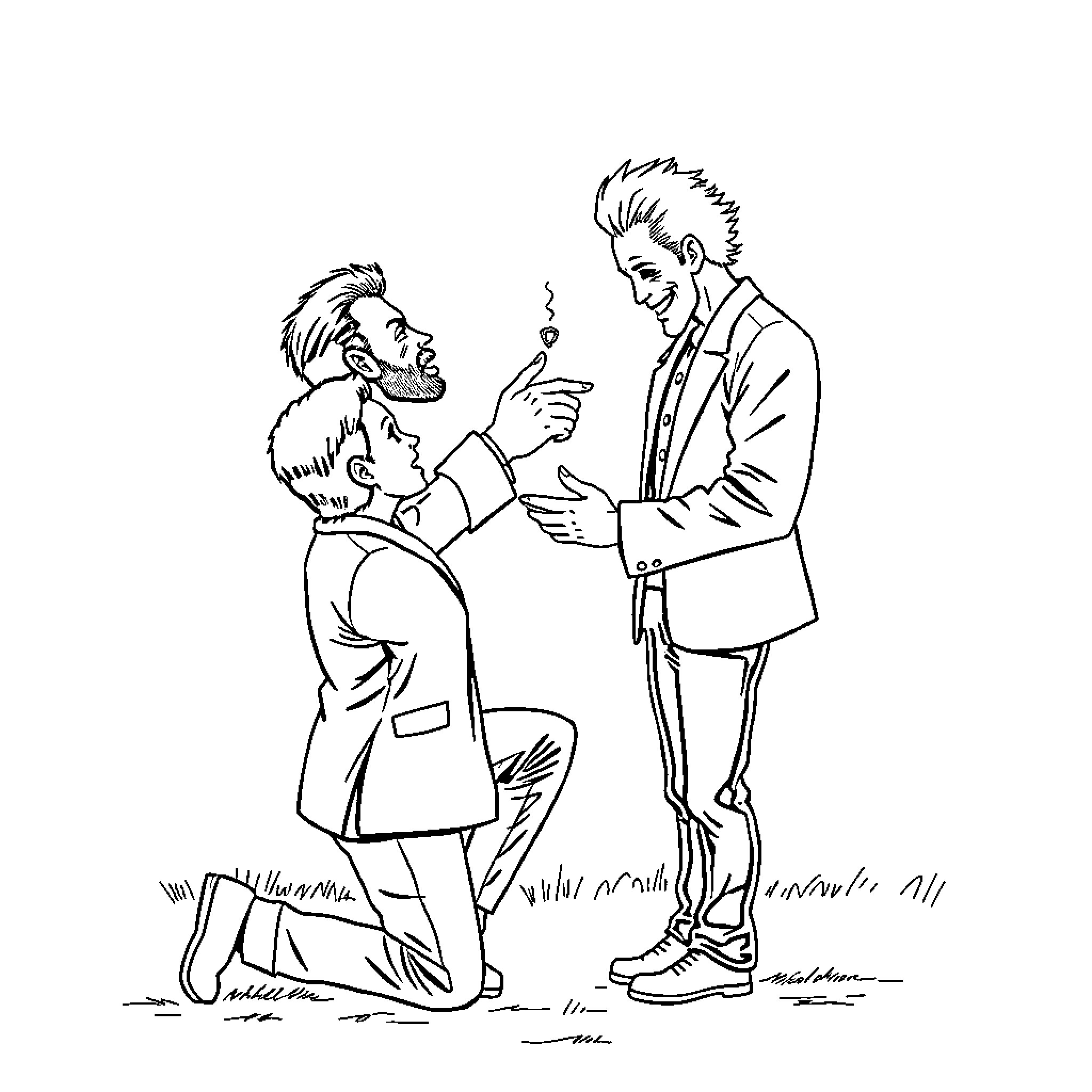 Michael Myers confronting a fellow man in the dark Coloring Page (free black-and-white line drawing printable PDF for all, from beginners to advanced learners, including children, teens, adults, and seniors)