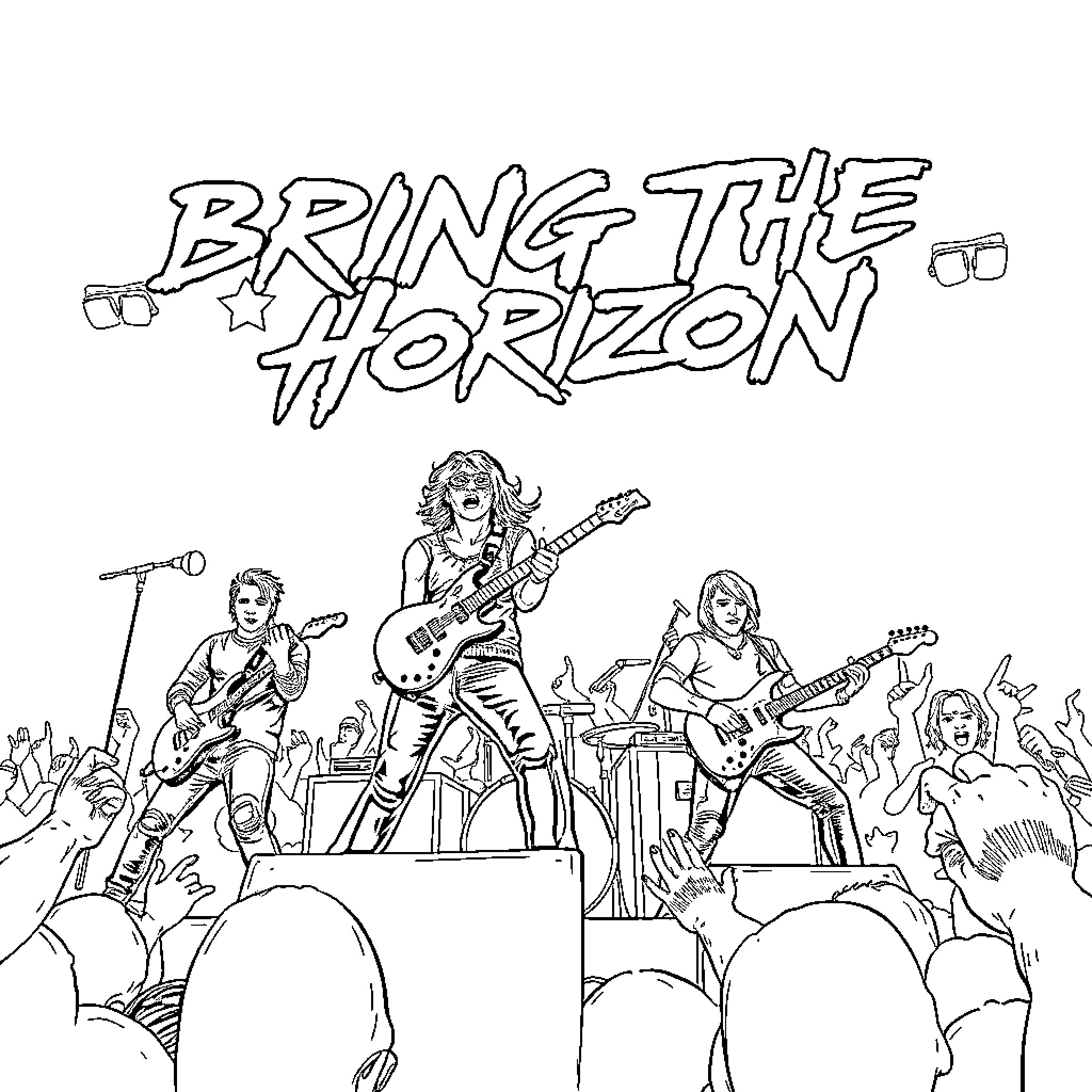 Bring Me the Horizon performing on stage with energetic crowd Coloring Page (free black-and-white line drawing printable PDF for all, from beginners to advanced learners, including children, teens, adults, and seniors)