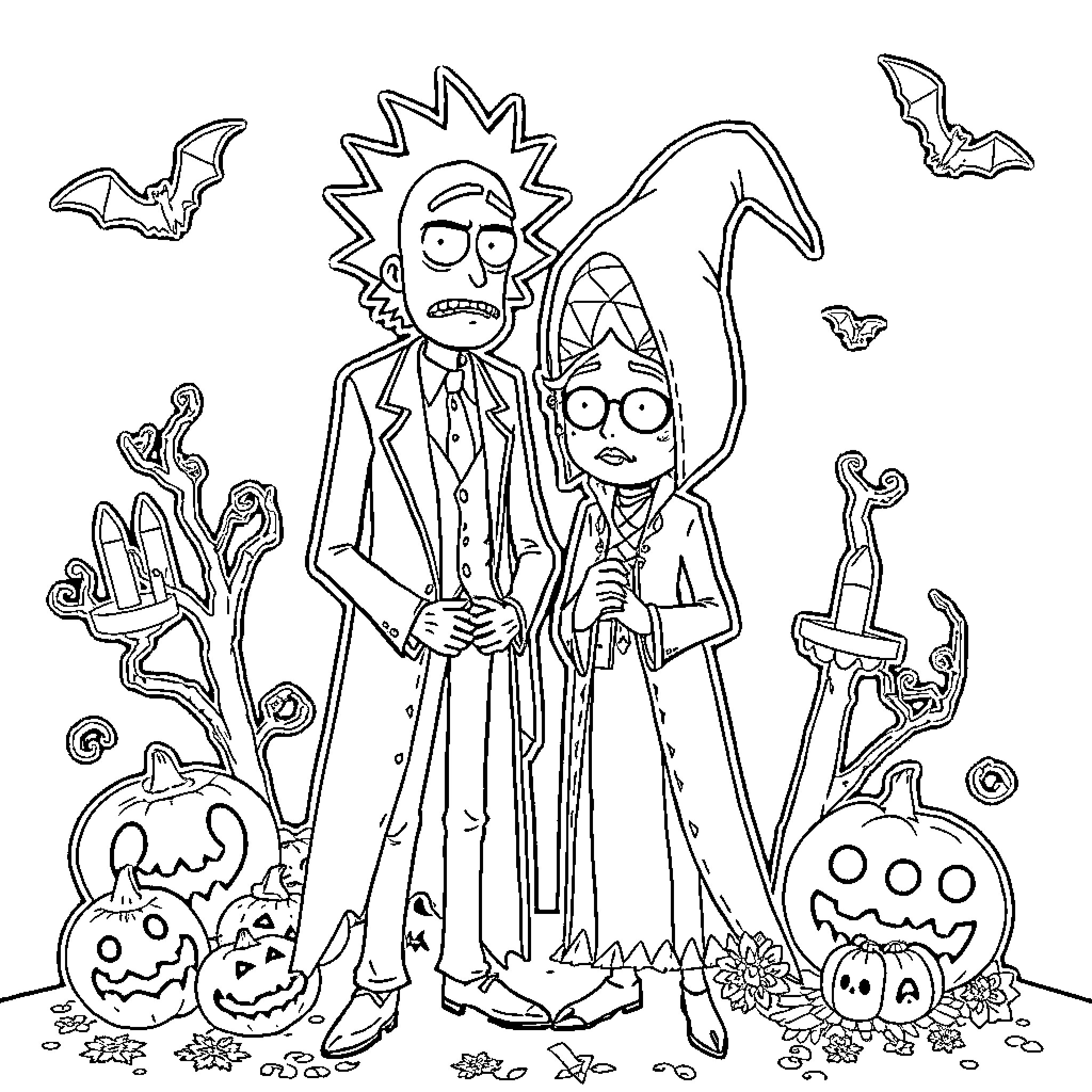 Rick And Morty Halloween Adventure Coloring Page (free black-and-white line drawing printable PDF for all, from beginners to advanced learners, including children, teens, adults, and seniors)