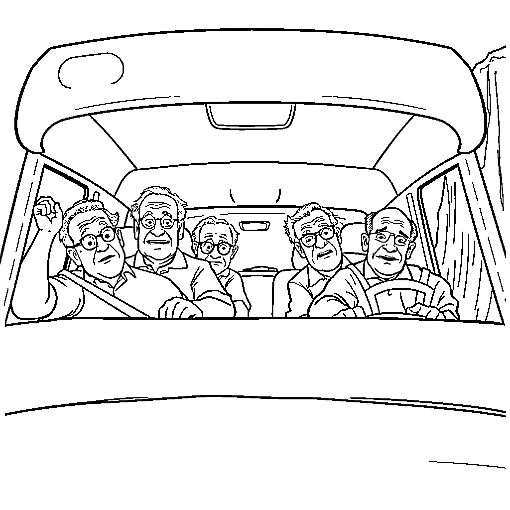 Old Men Joyfully Riding in Car Coloring Page (free black-and-white line drawing printable PDF for all, from beginners to advanced learners, including children, teens, adults, and seniors)