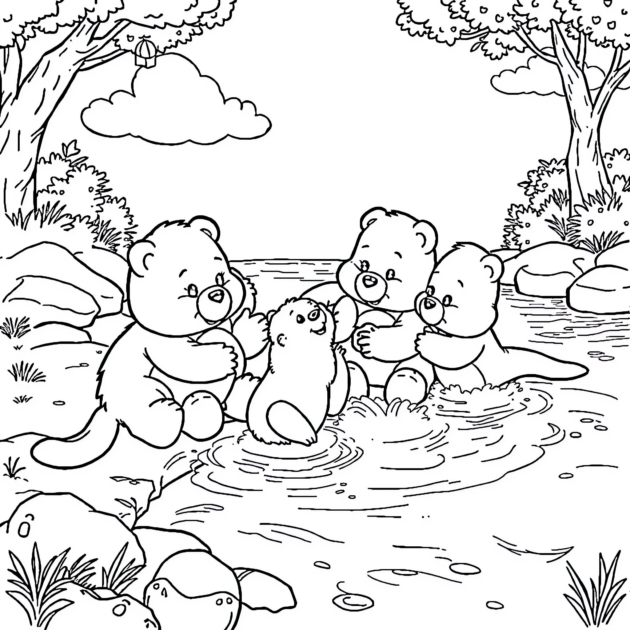 Carebear family enjoying a day by the pond Coloring Page (free black-and-white line drawing printable PDF for all, from beginners to advanced learners, including children, teens, adults, and seniors)