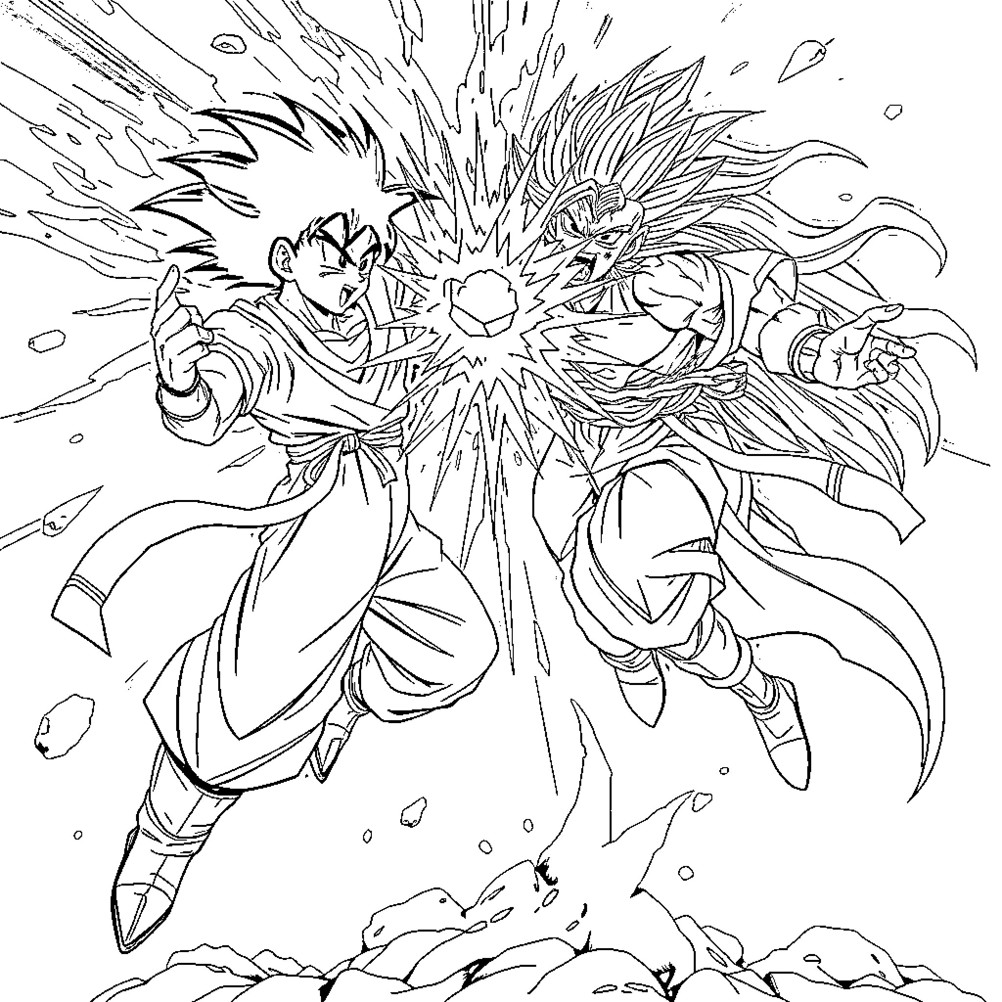 Gohan's Explosive Transformation and Powerful Pose Coloring Page (free black-and-white line drawing printable PDF for all, from beginners to advanced learners, including children, teens, adults, and seniors)