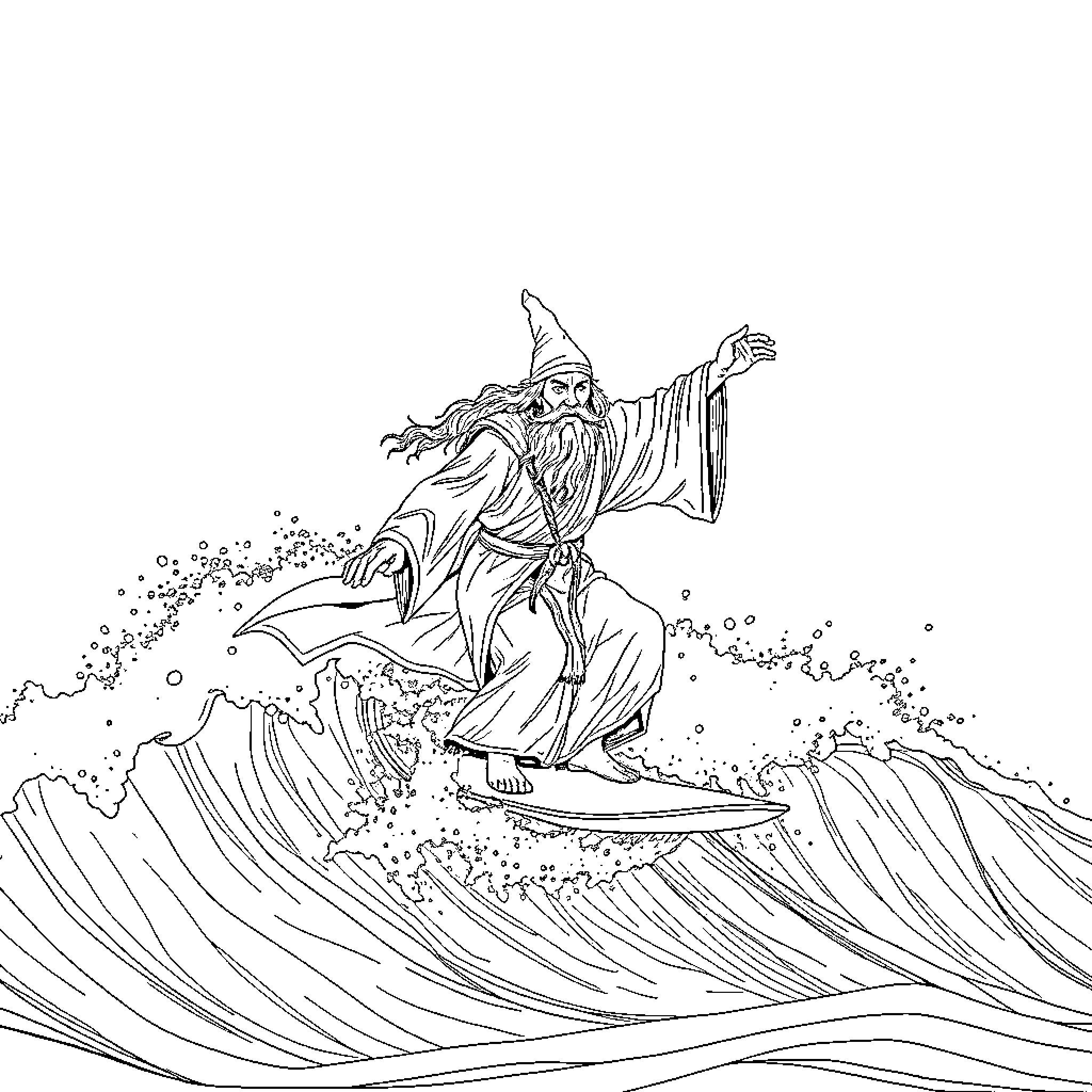 Gandalf the wizard surfing on a magical wave Coloring Page (free black-and-white line drawing printable PDF for all, from beginners to advanced learners, including children, teens, adults, and seniors)