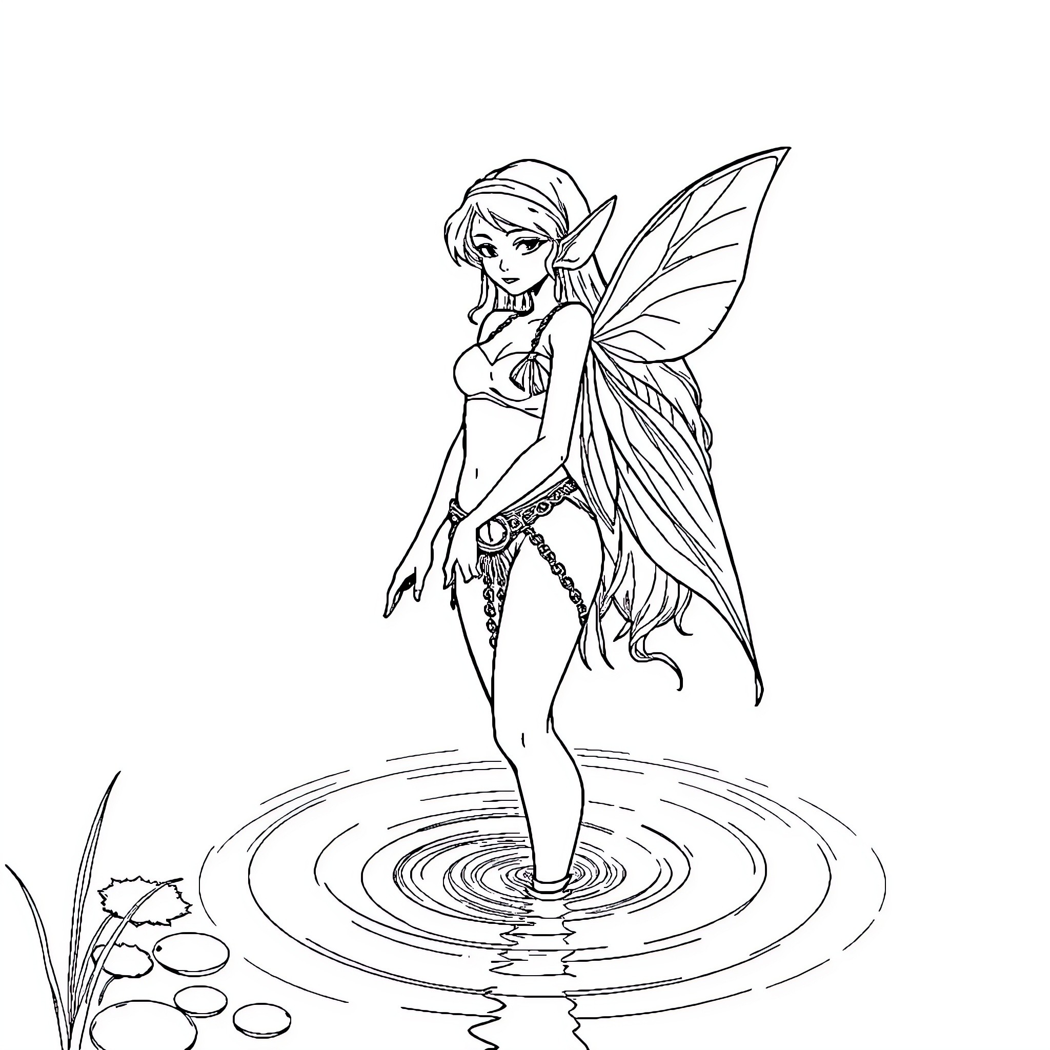 Elf fairy rising from rippling waters Coloring Page (free black-and-white line drawing printable PDF for all, from beginners to advanced learners, including children, teens, adults, and seniors)