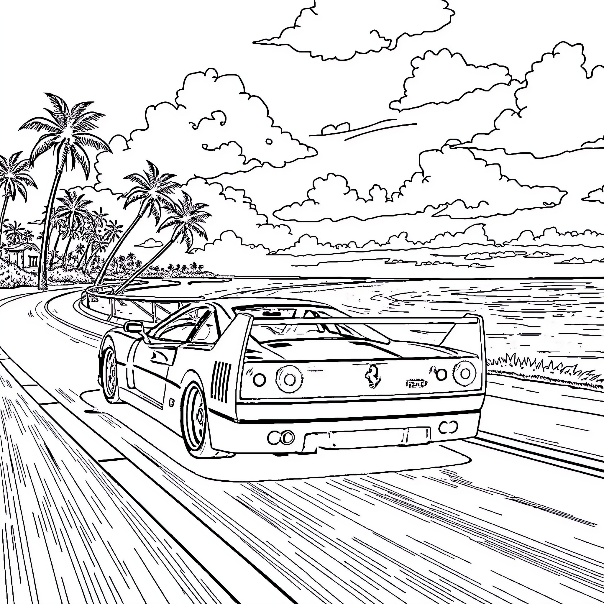 Ferrari racing along the scenic coastal road Coloring Page (free black-and-white line drawing printable PDF for all, from beginners to advanced learners, including children, teens, adults, and seniors)