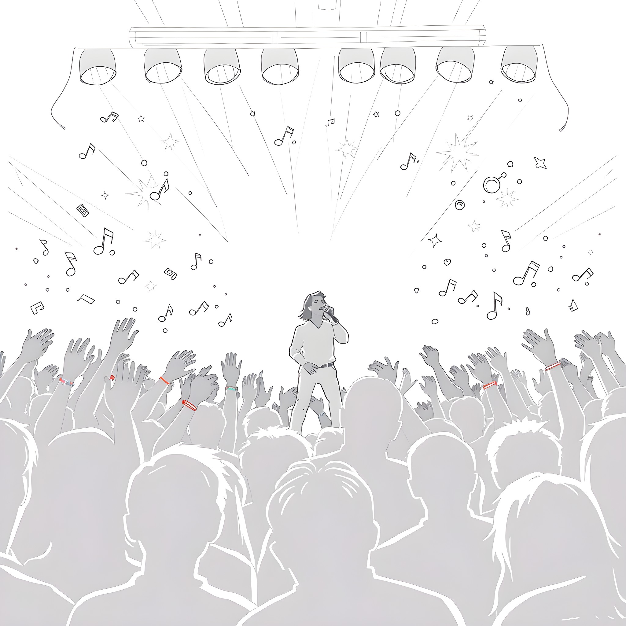 Singer performing on stage with cheering crowd Coloring Page (free black-and-white line drawing printable PDF for all, from beginners to advanced learners, including children, teens, adults, and seniors)