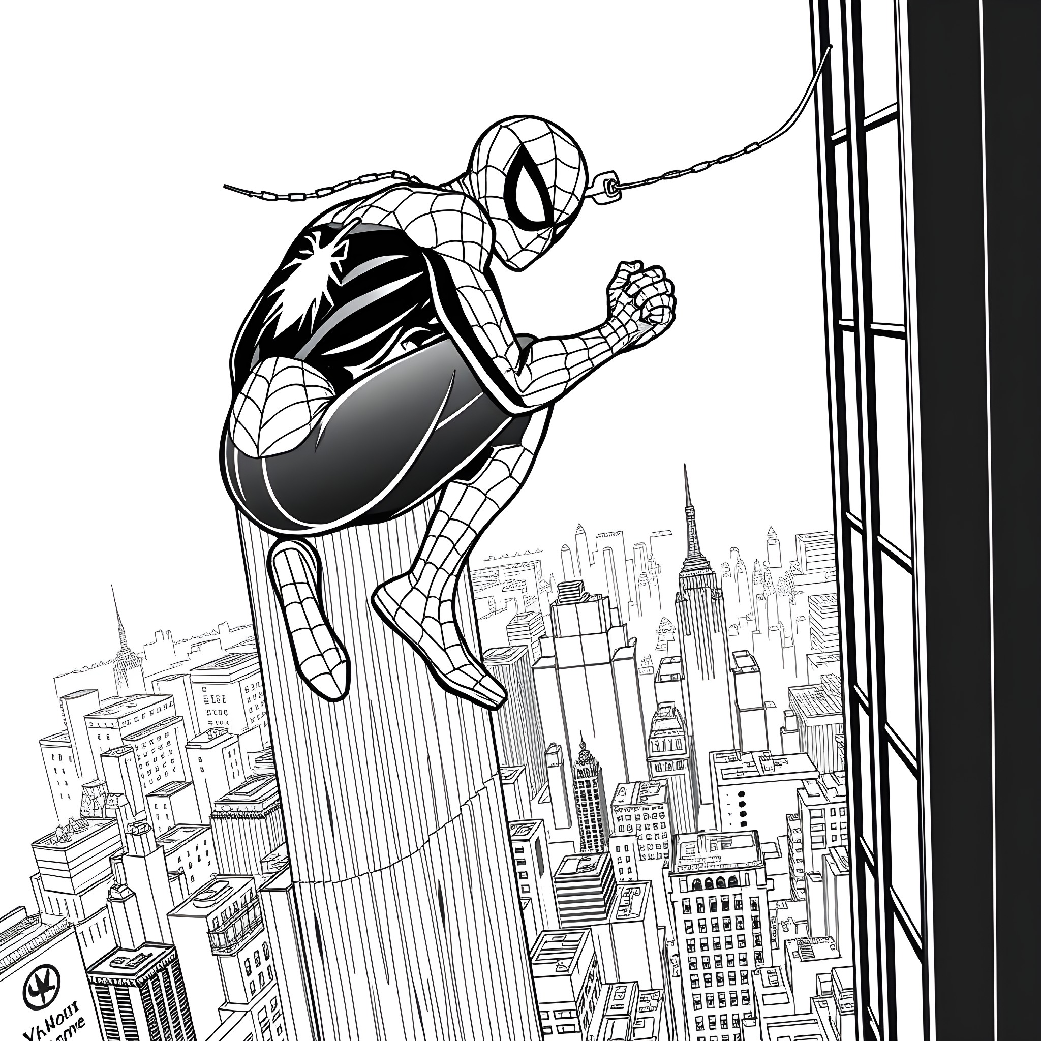 Spider-Man swinging through the city skyline Coloring Page (free black-and-white line drawing printable PDF for all, from beginners to advanced learners, including children, teens, adults, and seniors)